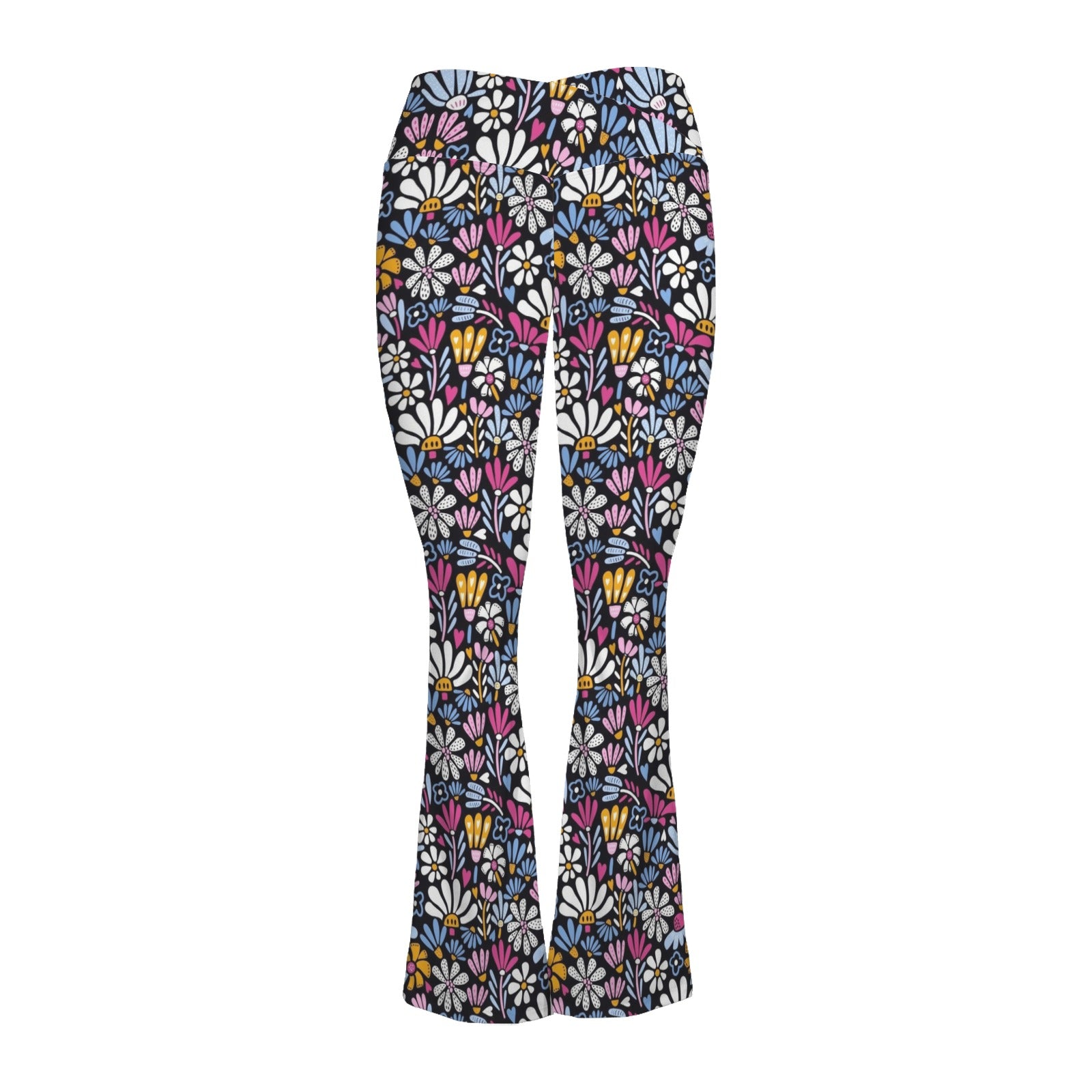 Graphic Flowers On Black High Waist Crossover Tummy Control Flare Leggings High Waist Flare Leggings Plants Printed Offshore