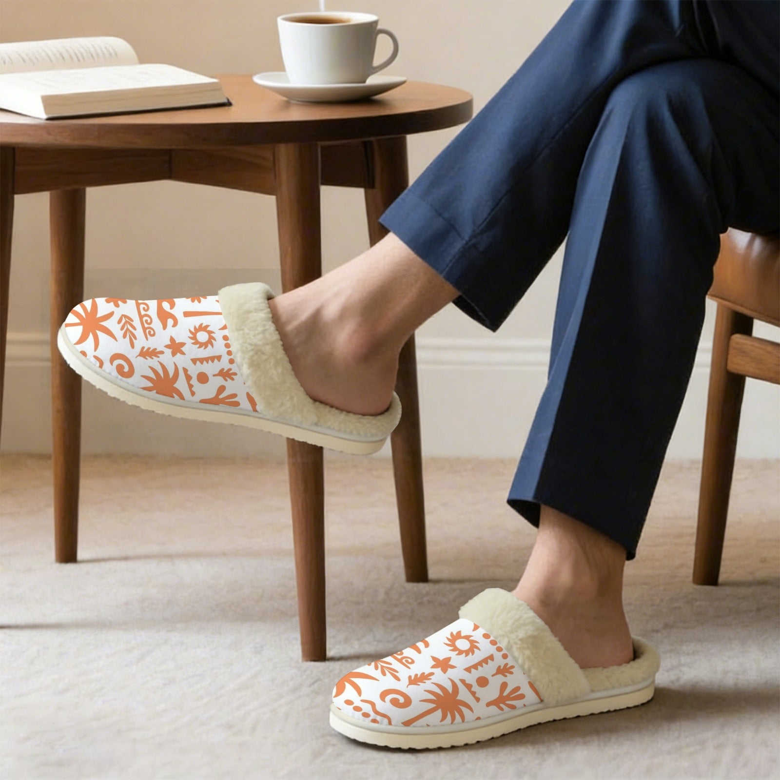 Orange Surf - Men's Fur Trim Thick-Sole Indoor Slippers Men's Fur Trimmed Slippers Printed Offshore Surf