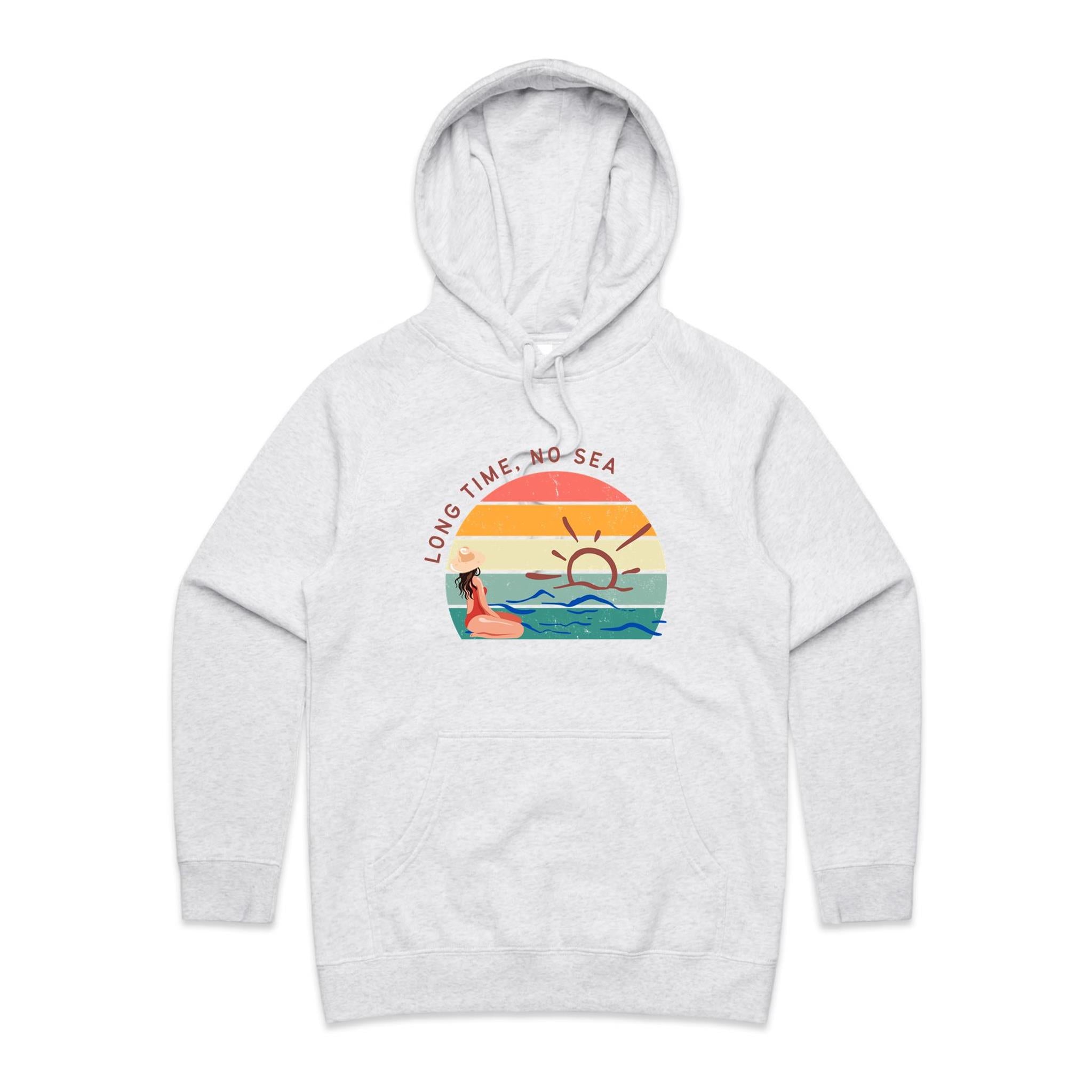 Long Time, No Sea - Womens Hoodie White Marle Womens Hoodie Printed In Australia Summer Surf