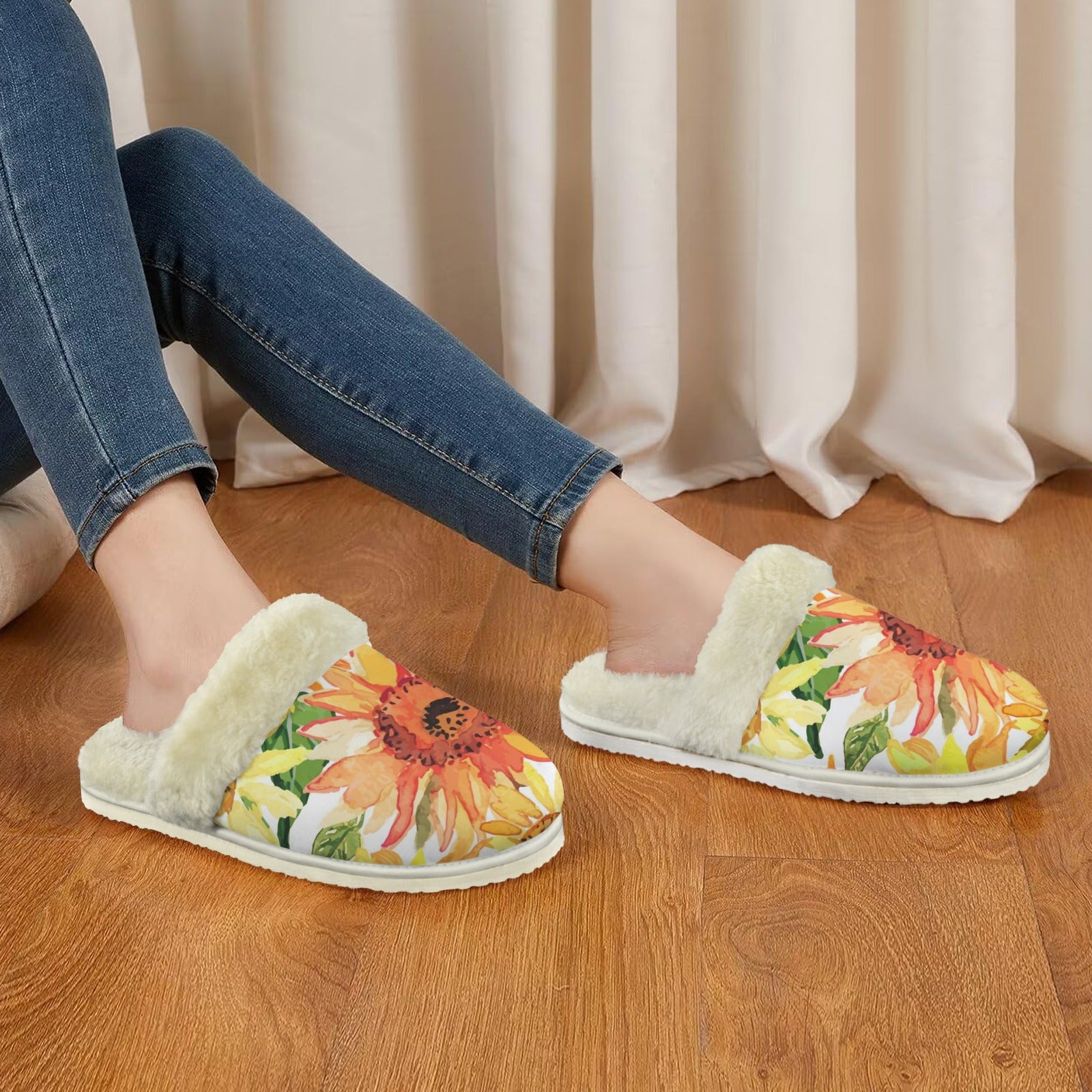 Watercolour Sunflower Women's Fur Trim Thick-Sole Indoor Slippers Women's Fur Trimmed Slippers Plants Printed Offshore