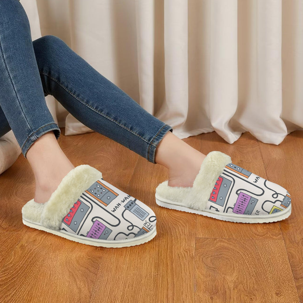 Wah Pedal Women's Fur Trim Thick-Sole Indoor Slippers Women's Fur Trimmed Slippers Music Printed Offshore