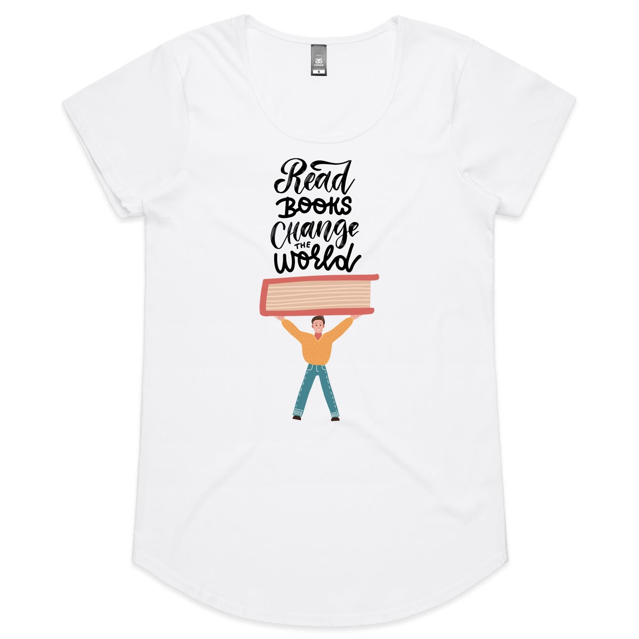 Read Books, Change The World - Womens Scoop Neck T-Shirt White Womens Scoop Neck T-shirt Printed In Australia Reading