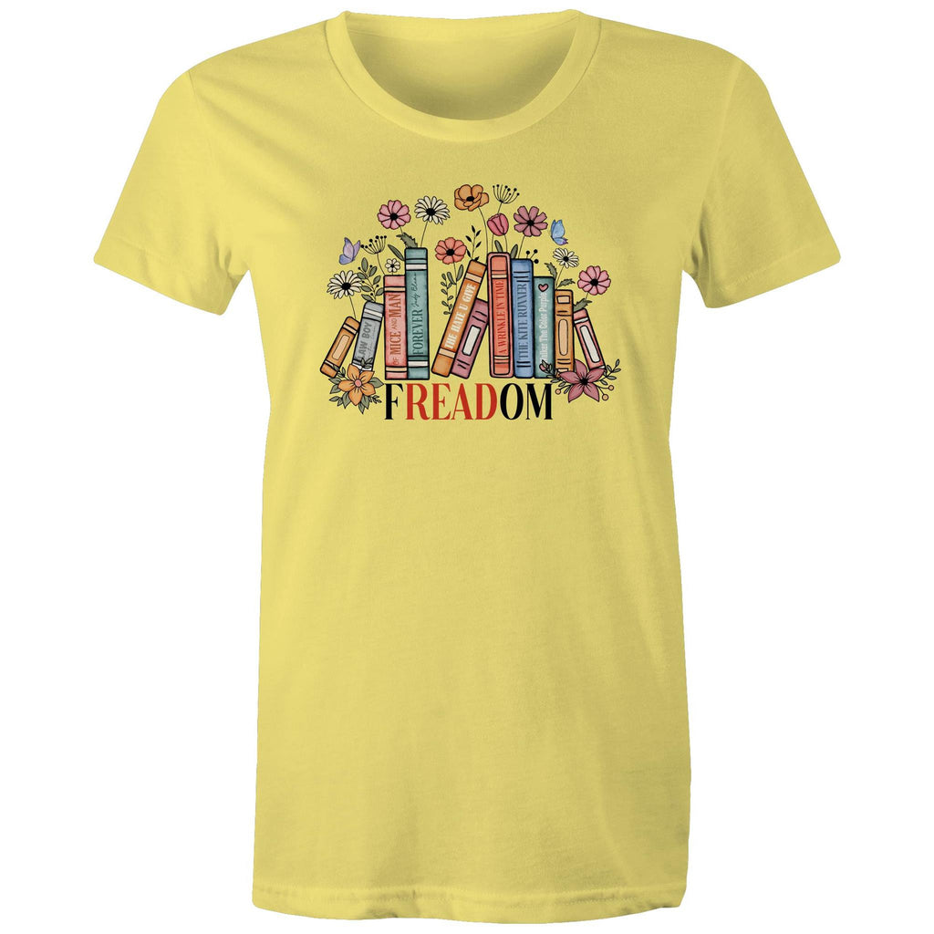 Freedom, Reading Books - Womens T-shirt Yellow Womens T-shirt Printed In Australia Reading