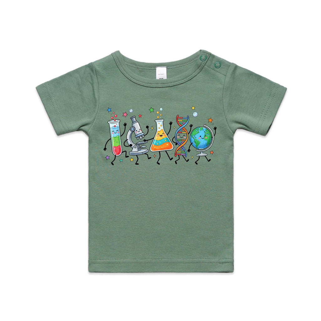 Science Characters AS Colour Baby T-shirt Sage Baby T-shirt Printed In Australia Science