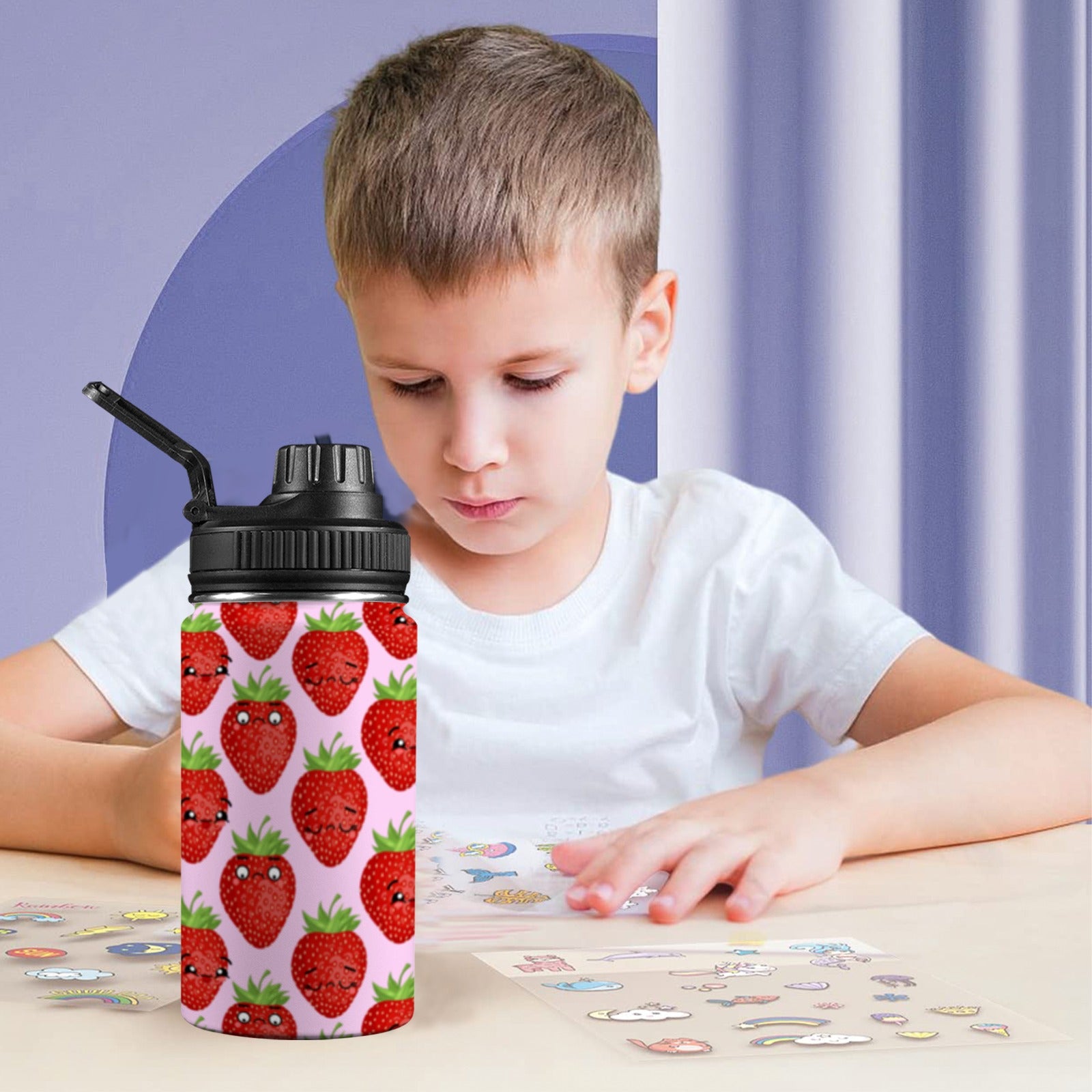 Strawberry Characters - Kids Water Bottle with Chug Lid (12 oz) Kids Water Bottle with Chug Lid Food Printed Offshore