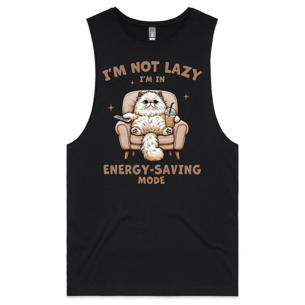 I'm Not Lazy, I'm In Energy Saving Mode, Cat Mens Men's AS Colour Drop Arm Tank Top Black Drop Arm Tank Top animal Printed In Australia