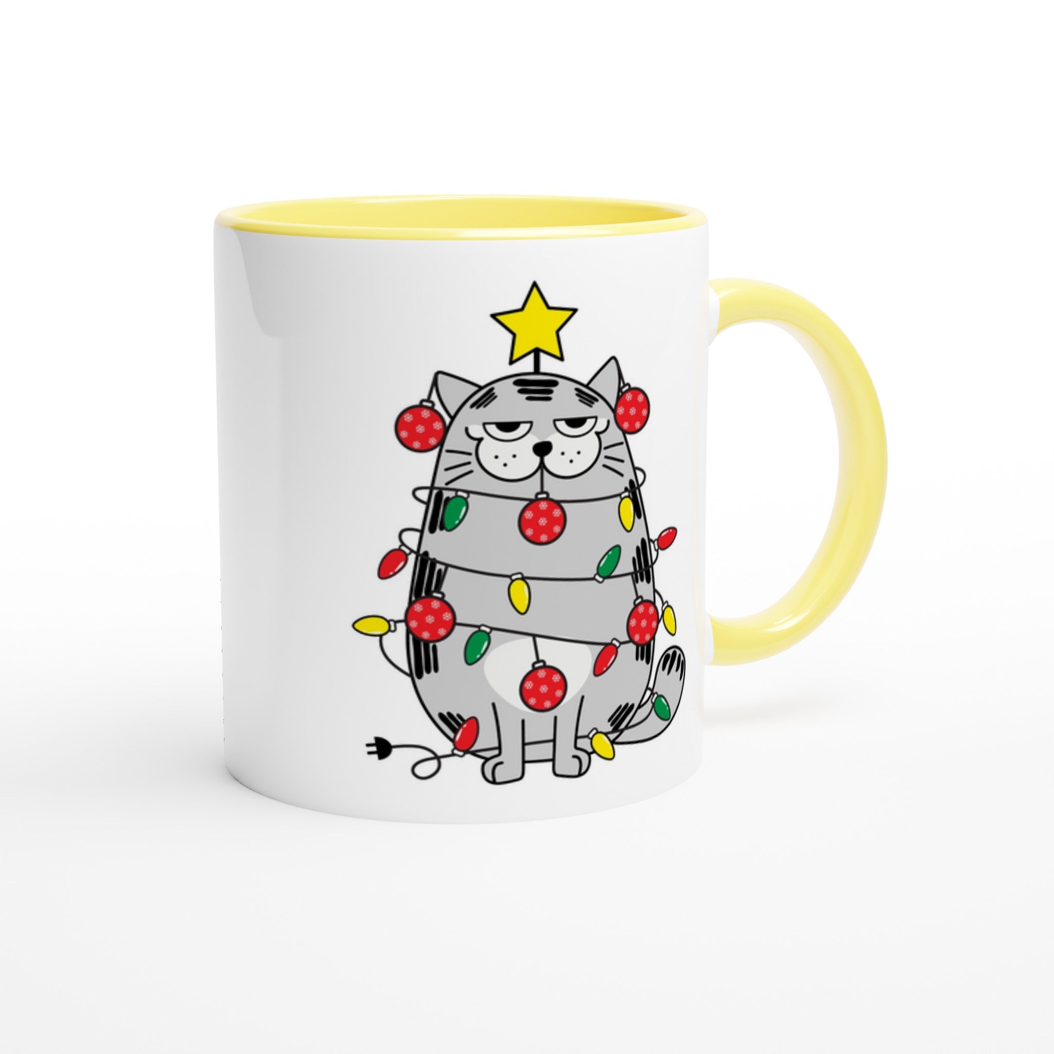 Christmas Cat - White 11oz Ceramic Mug with Colour Inside Christmas Colour Mug Christmas Globally Fulfilled
