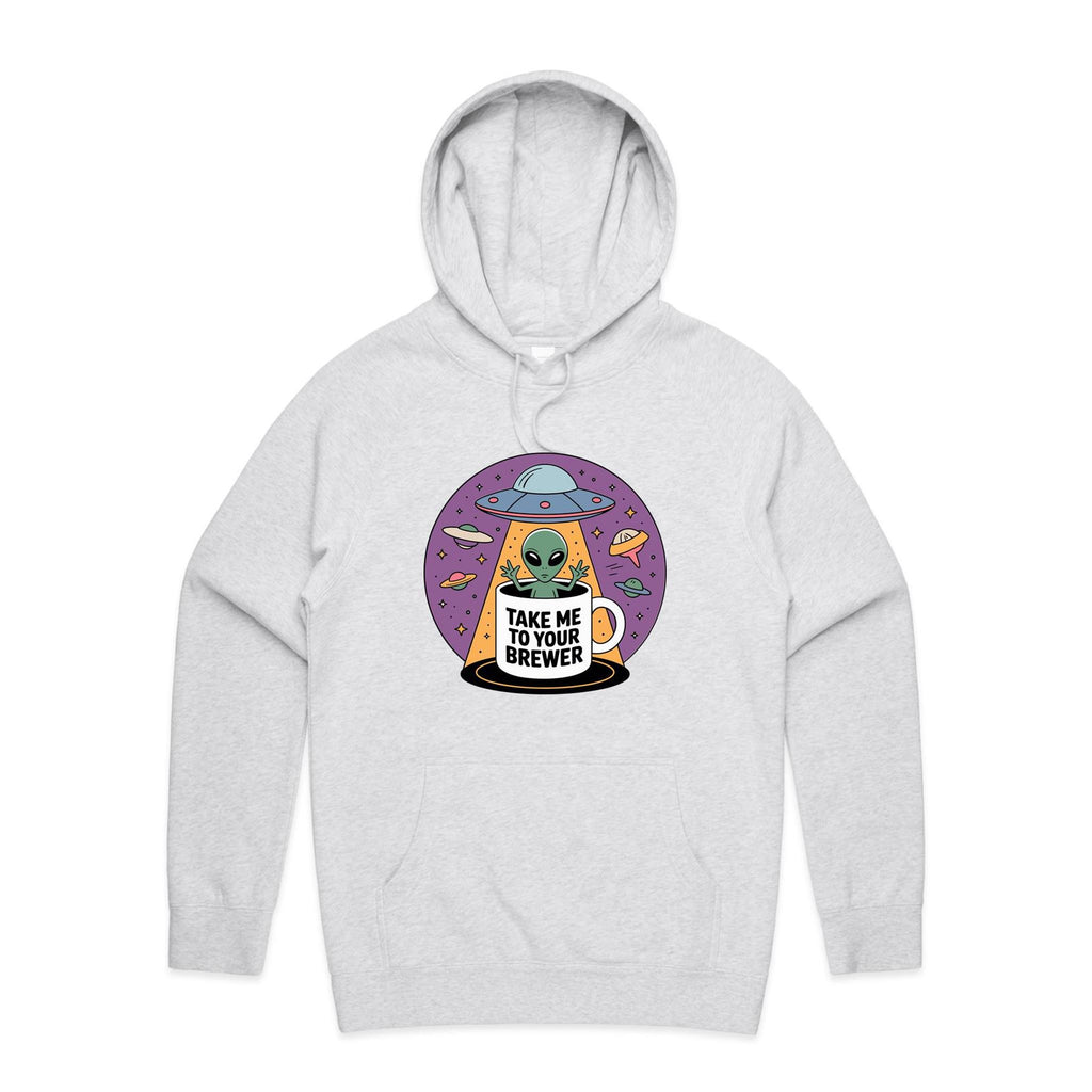 Coffee, Alien, UFO, Take Me To Your Brewer Men's AS Colour Hoodie White Marle Mens Hoodie Coffee Printed In Australia Sci Fi