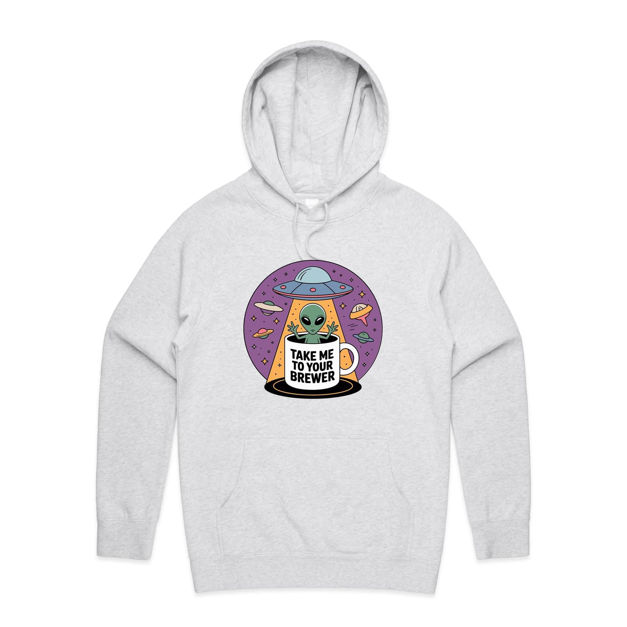 Coffee, Alien, UFO, Take Me To Your Brewer Men's AS Colour Hoodie White Marle Mens Hoodie Coffee Printed In Australia Sci Fi
