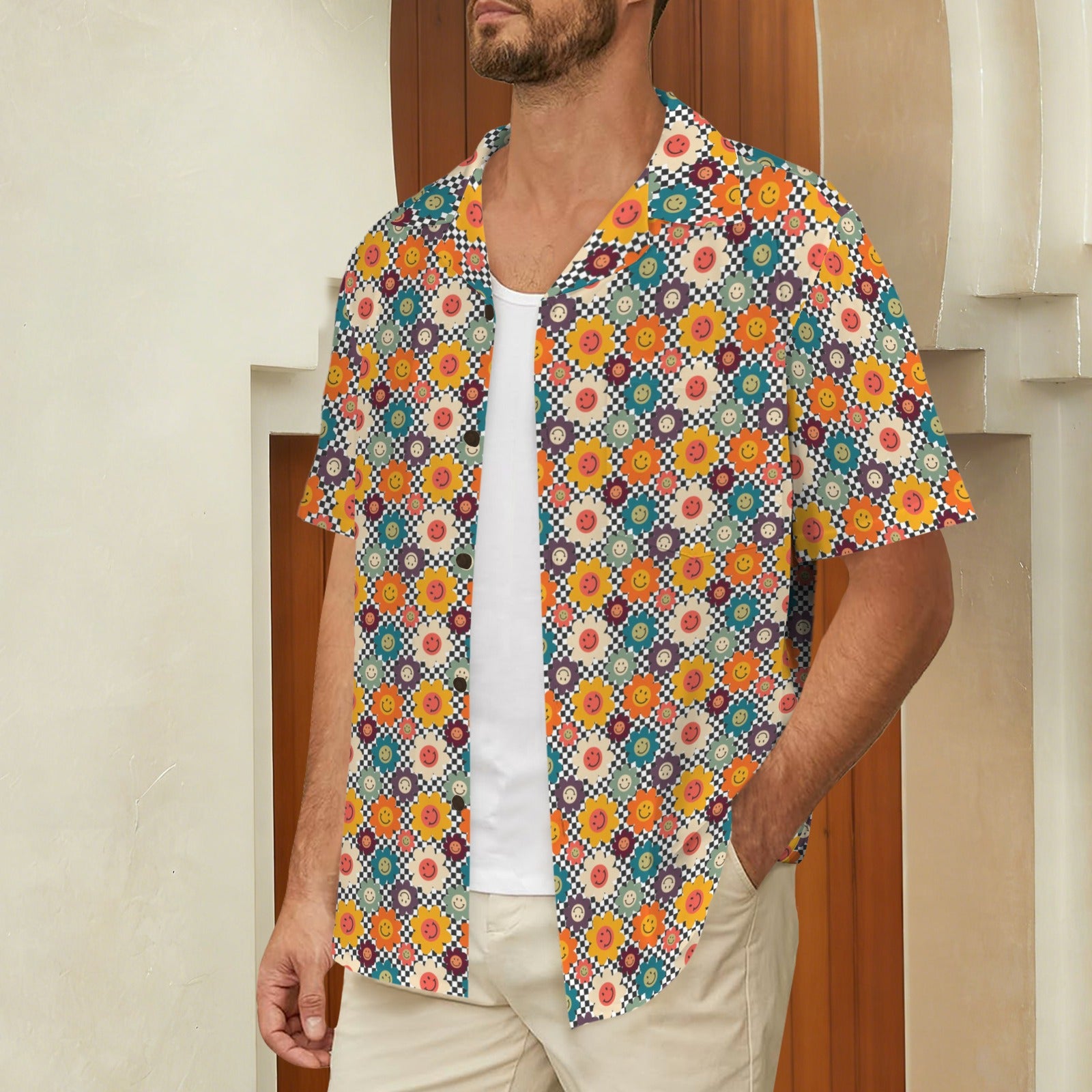 Happy Retro Flowers Men's Short Sleeve Hawaiian Shirt Men's Hawaiian Shirt (New) Printed Offshore Retro