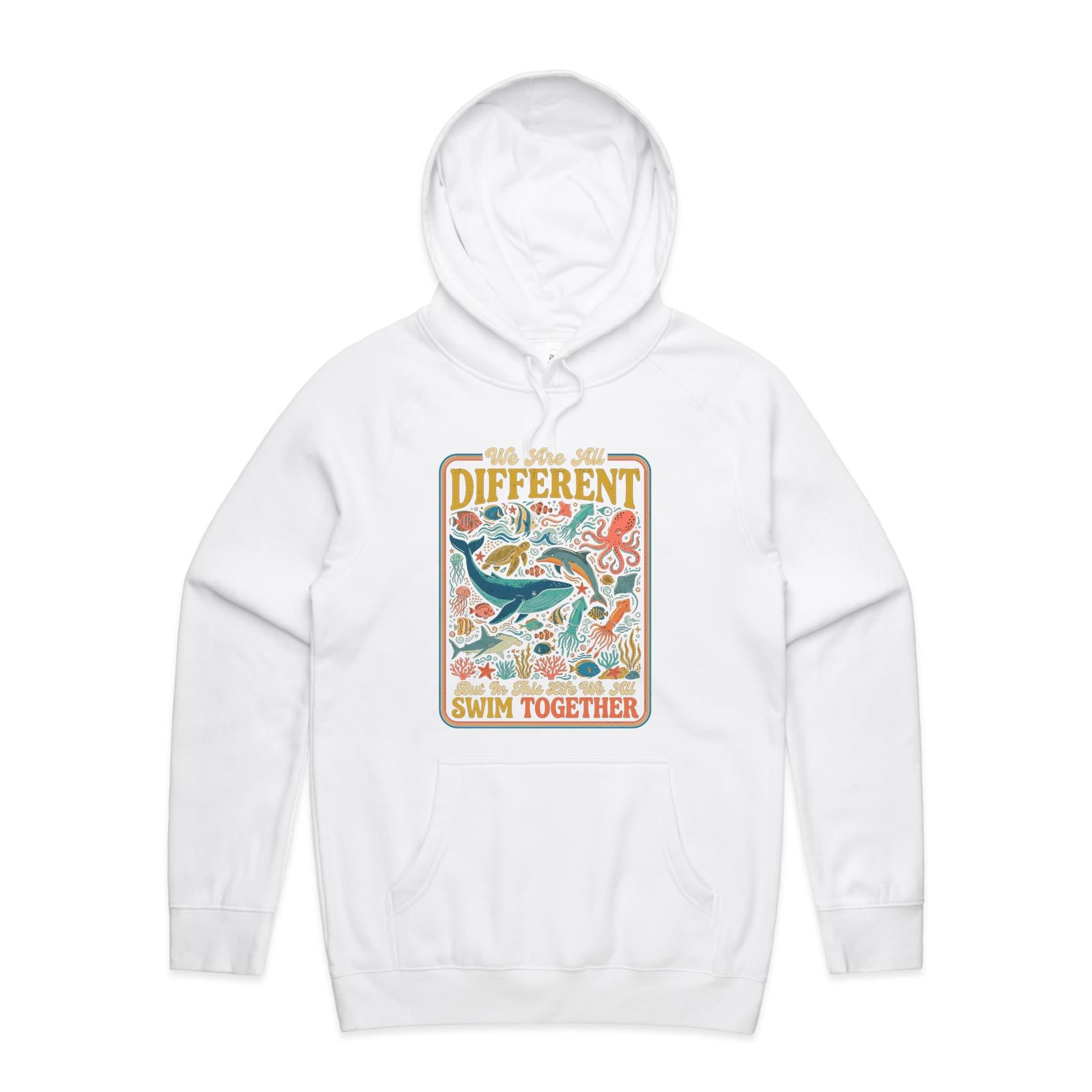 We Are All Different, But We All Swim Together - Men's AS Colour Hoodie White Mens Hoodie animal Ocean Positivity Printed In Australia