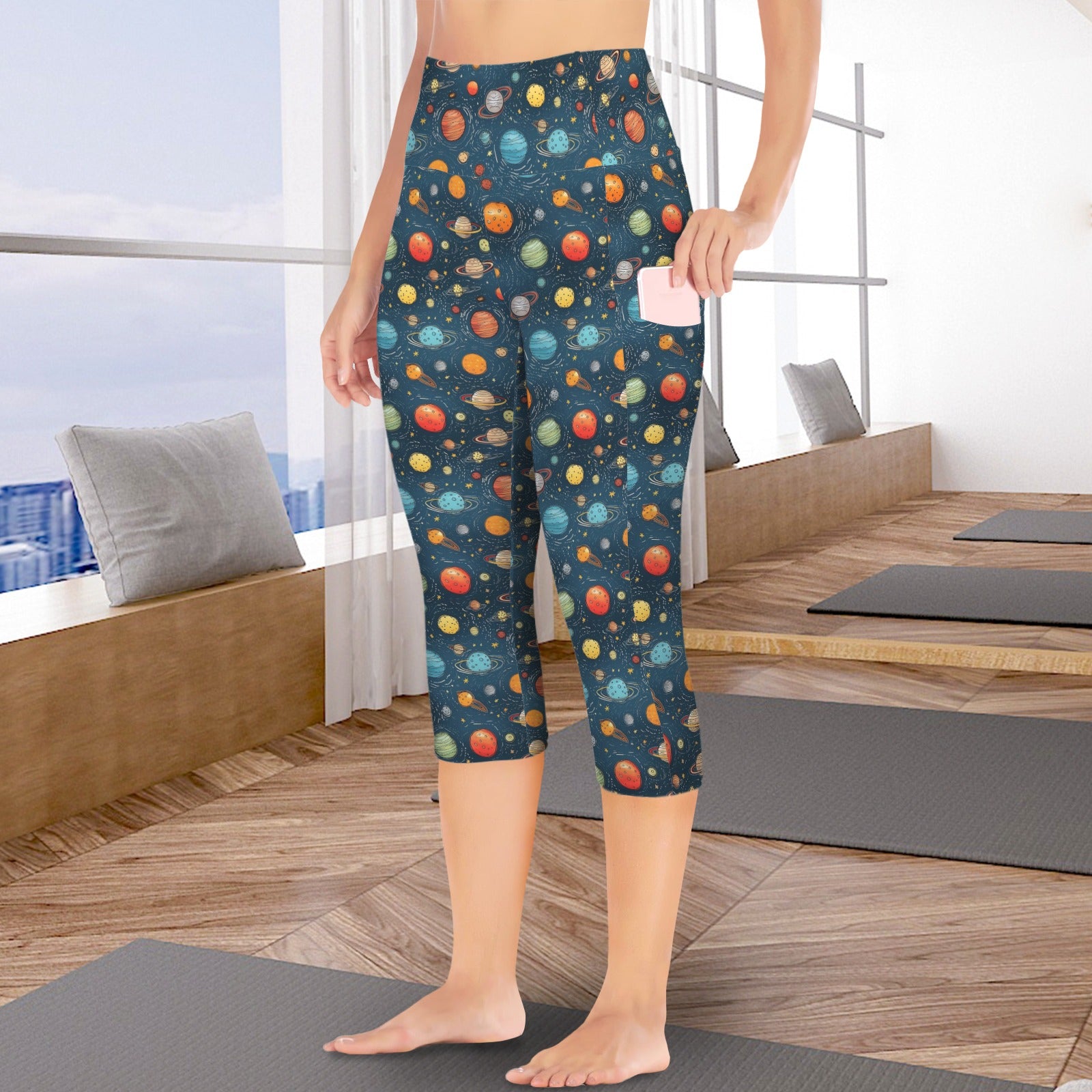 Galaxy Women's High Waist Pocket Capri Yoga Leggings Women's High Waist Capri Yoga Leggings Printed Offshore Space