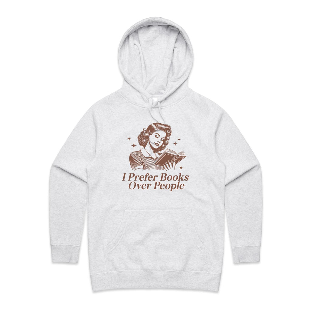 I Prefer Books Over People - Womens Hoodie White Marle Womens Hoodie Printed In Australia Reading