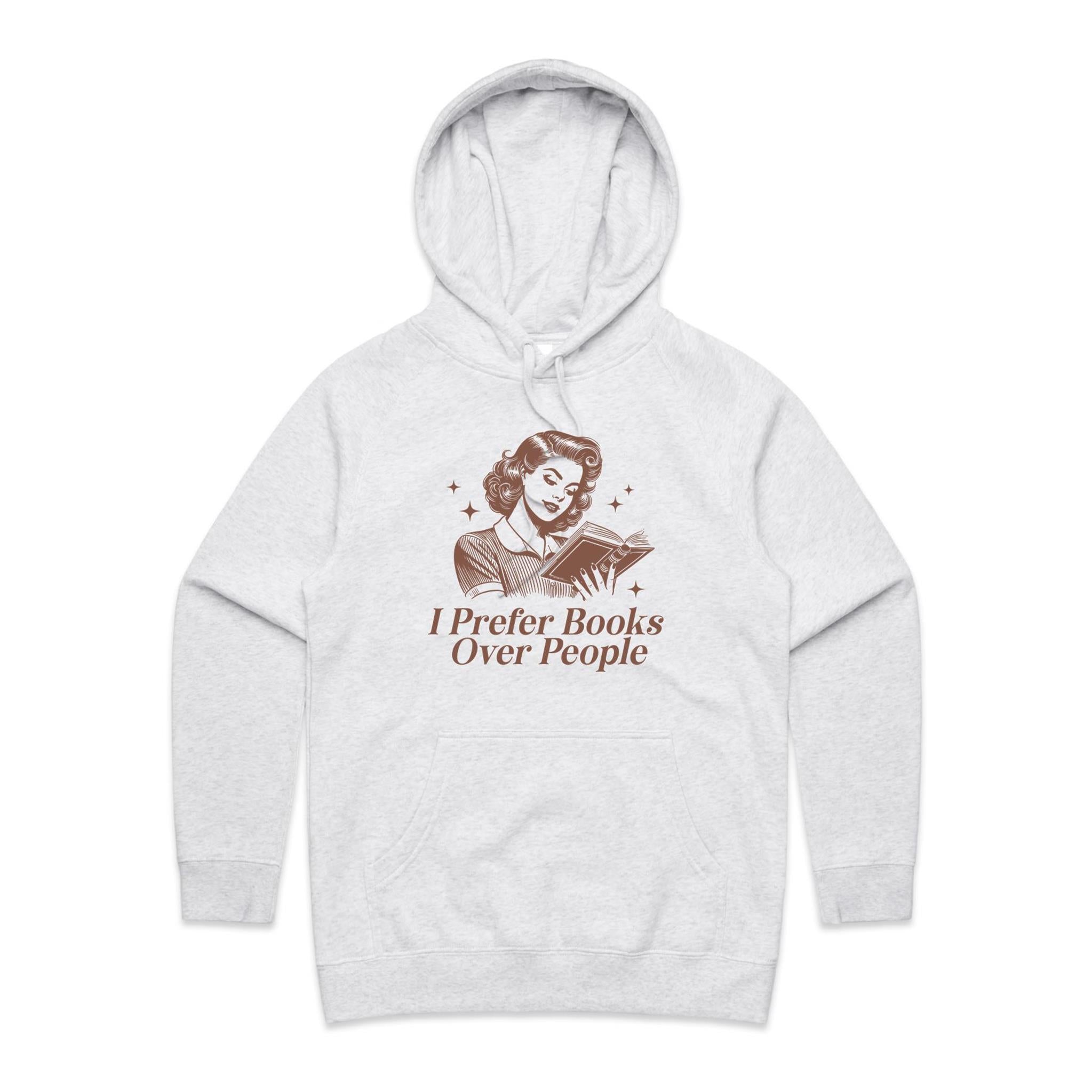 I Prefer Books Over People - Womens Hoodie White Marle Womens Hoodie Printed In Australia Reading