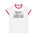 Coffee Beauty, All Shapes And Sizes AS Colour Women's Ringer Tee White Red Womens Ringer T-shirt Coffee Positivity Printed In Australia
