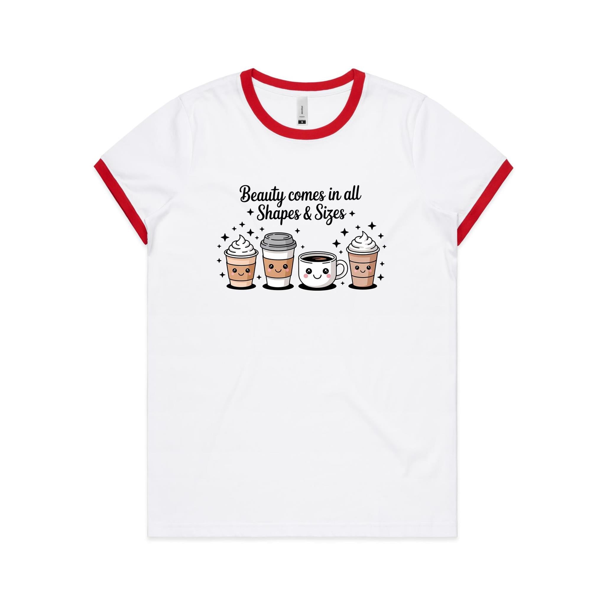 Coffee Beauty, All Shapes And Sizes AS Colour Women's Ringer Tee White Red Womens Ringer T-shirt Coffee Positivity Printed In Australia