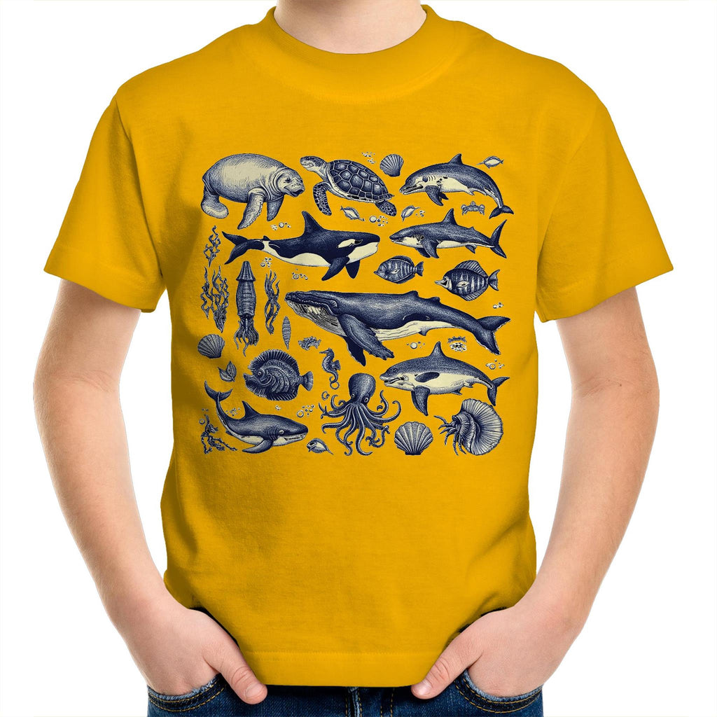 Sea Creatures - Kids Youth T-Shirt Gold Kids Youth T-shirt animal Printed In Australia