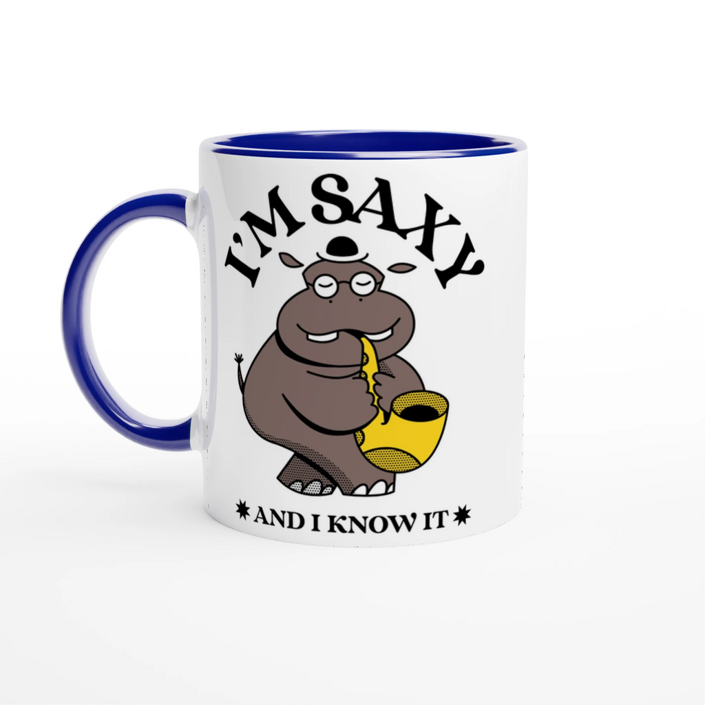 I'm Saxy And I Know It, Saxophone Hippo - White 11oz Ceramic Mug with Colour Inside Ceramic Blue Colour 11oz Mug animal Globally Fulfilled Music