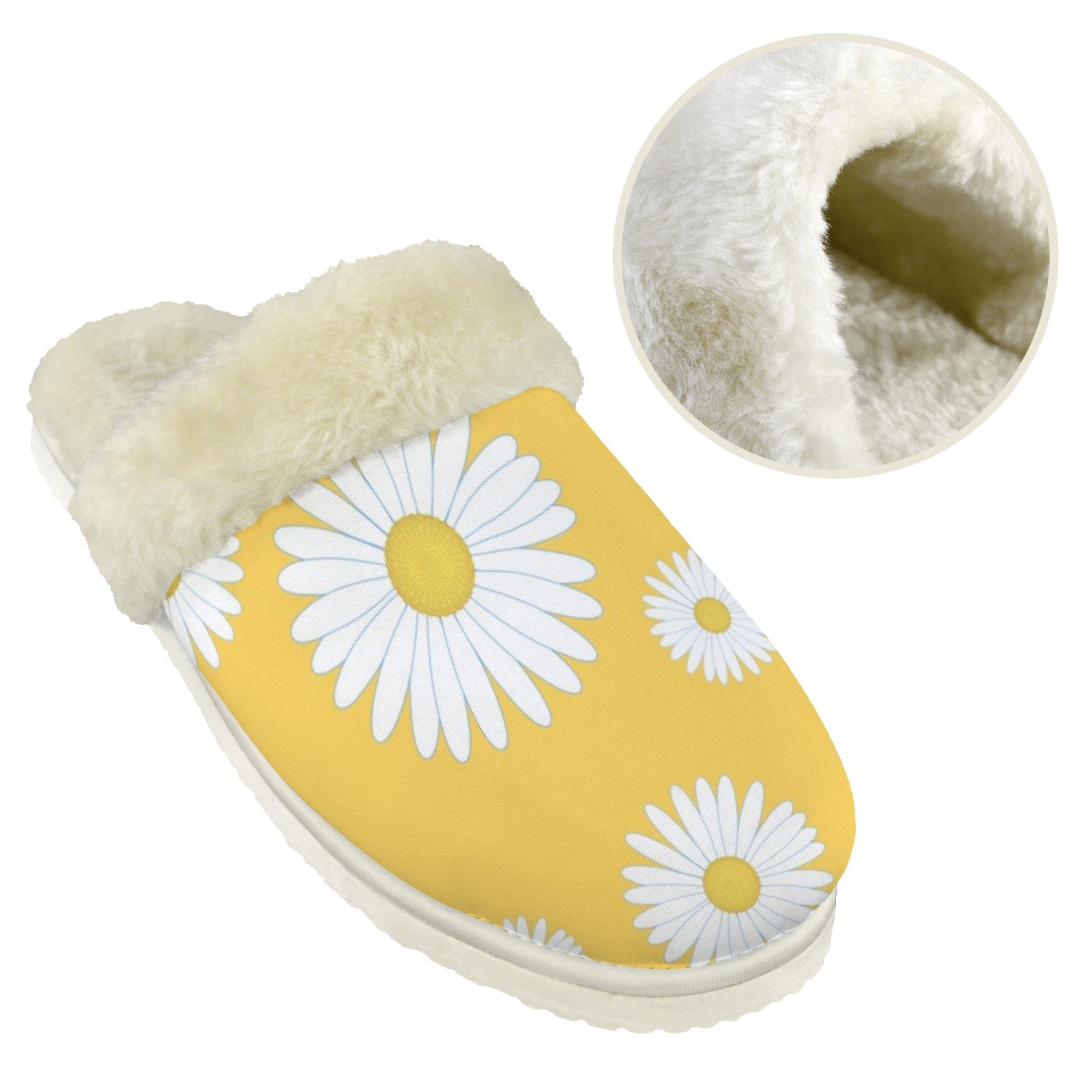 Daisies On Yellow Women's Fur Trim Thick-Sole Indoor Slippers Women's Fur Trimmed Slippers Plants Printed Offshore