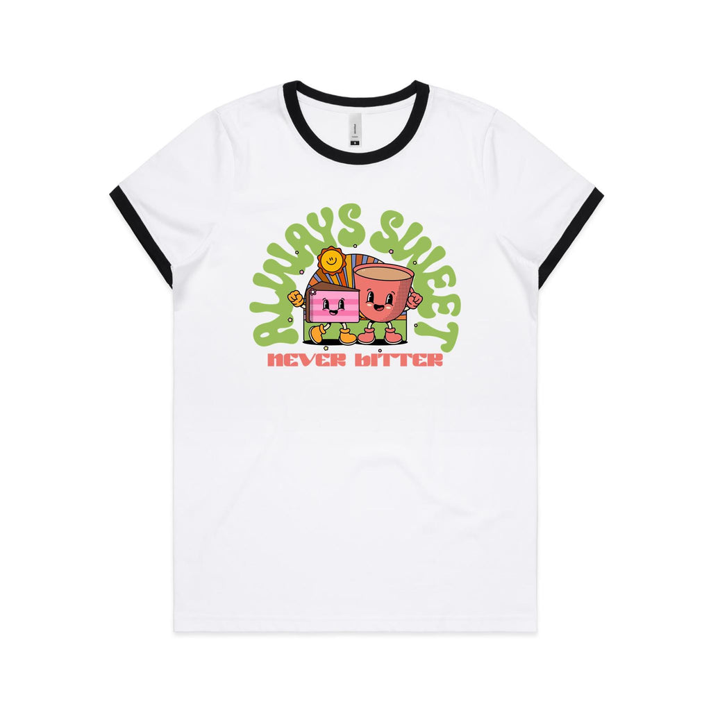 Always Sweet, Never Bitter, Coffee And Cake - Women's Ringer Tee White Black Womens Ringer T-shirt Coffee Food Printed In Australia
