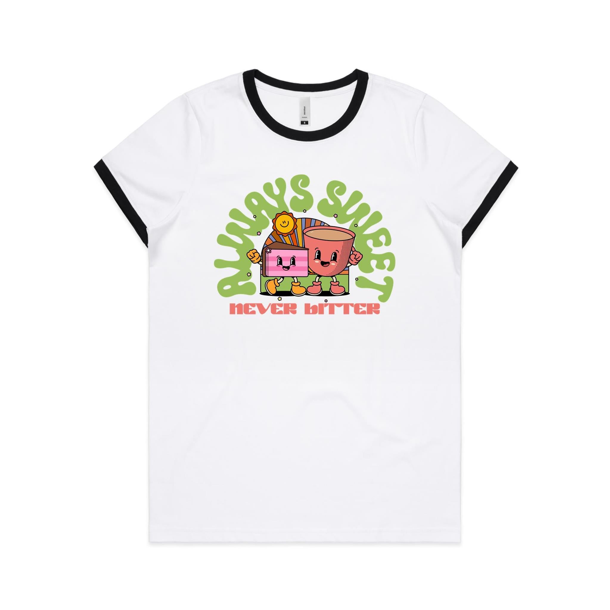 Always Sweet, Never Bitter, Coffee And Cake - Women's Ringer Tee White Black Womens Ringer T-shirt Coffee Food Printed In Australia