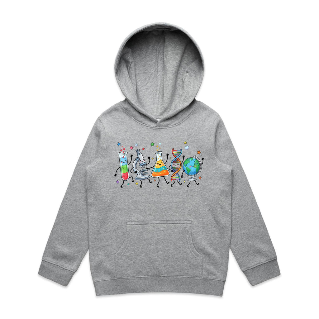 Science Characters Kids AS Colour Hoodie Grey Marle Kids Hoodie Printed In Australia Science