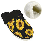 Sunflowers On Black Women's Fur Trim Thick-Sole Indoor Slippers Women's Fur Trimmed Slippers Plants Printed Offshore