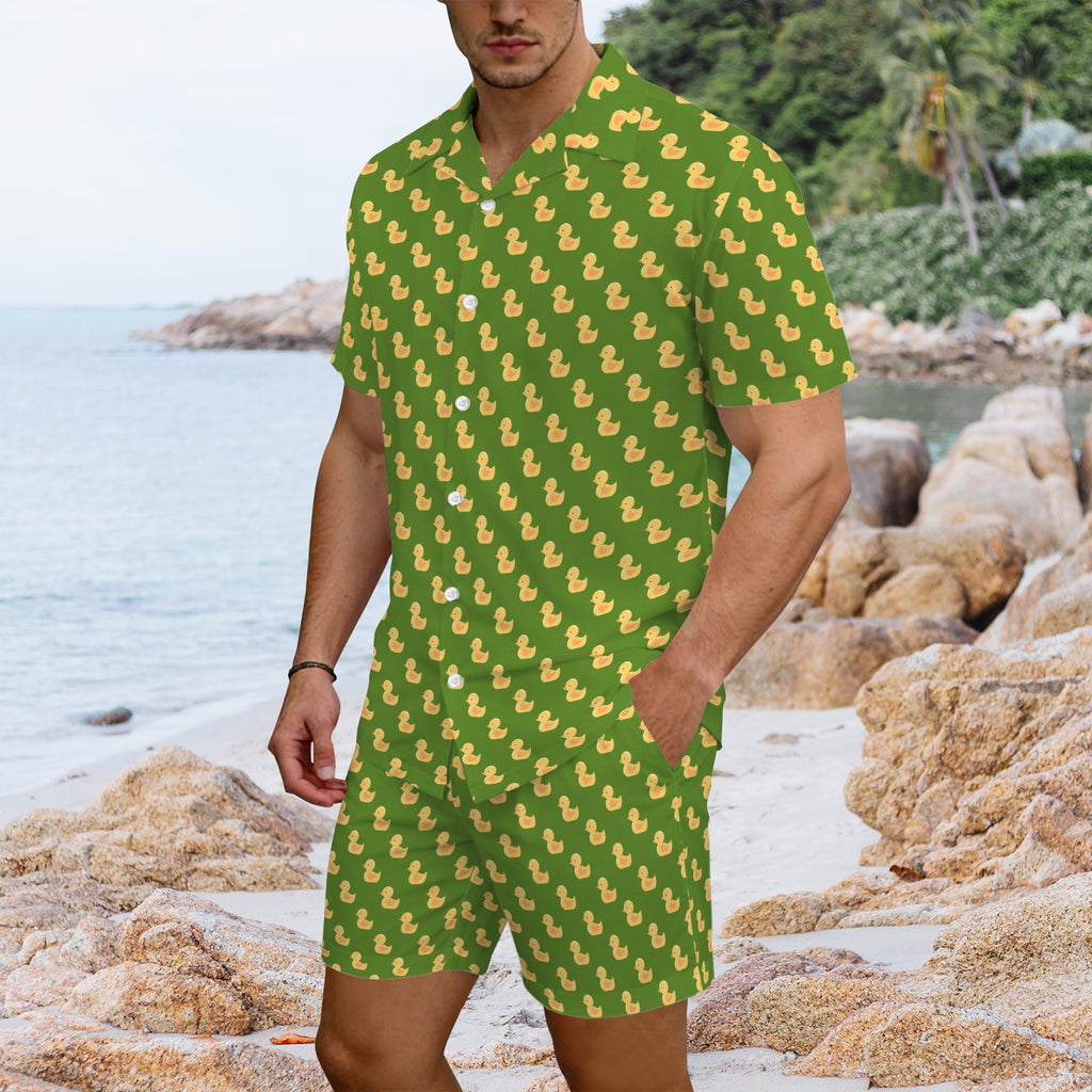 Rubber Ducks On Green Men's Hawaiian Shirt & Shorts Set
