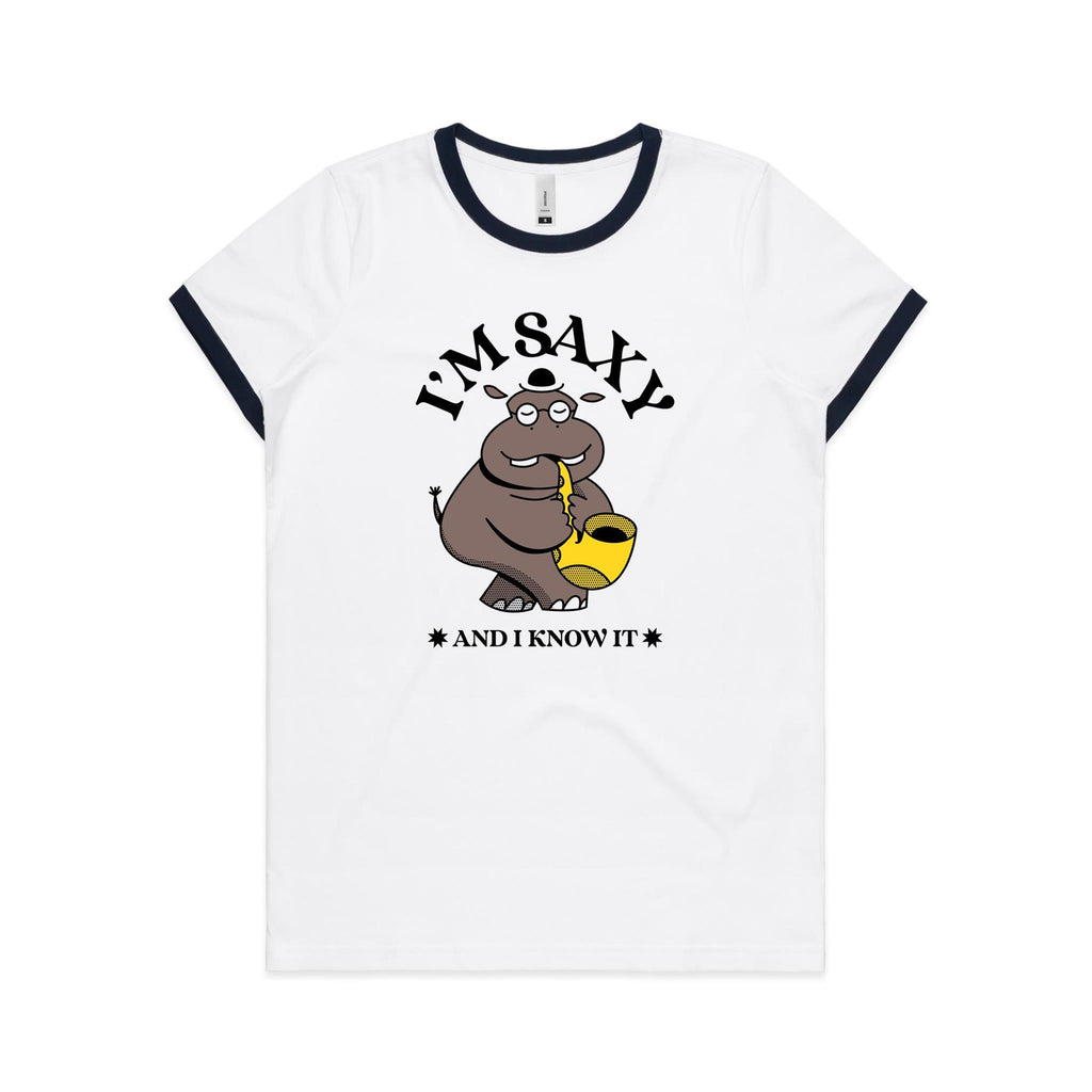 I'm Saxy And I Know It, Hippo Trumpet Player - Women's Ringer Tee White Navy Womens Ringer T-shirt animal Music Printed In Australia