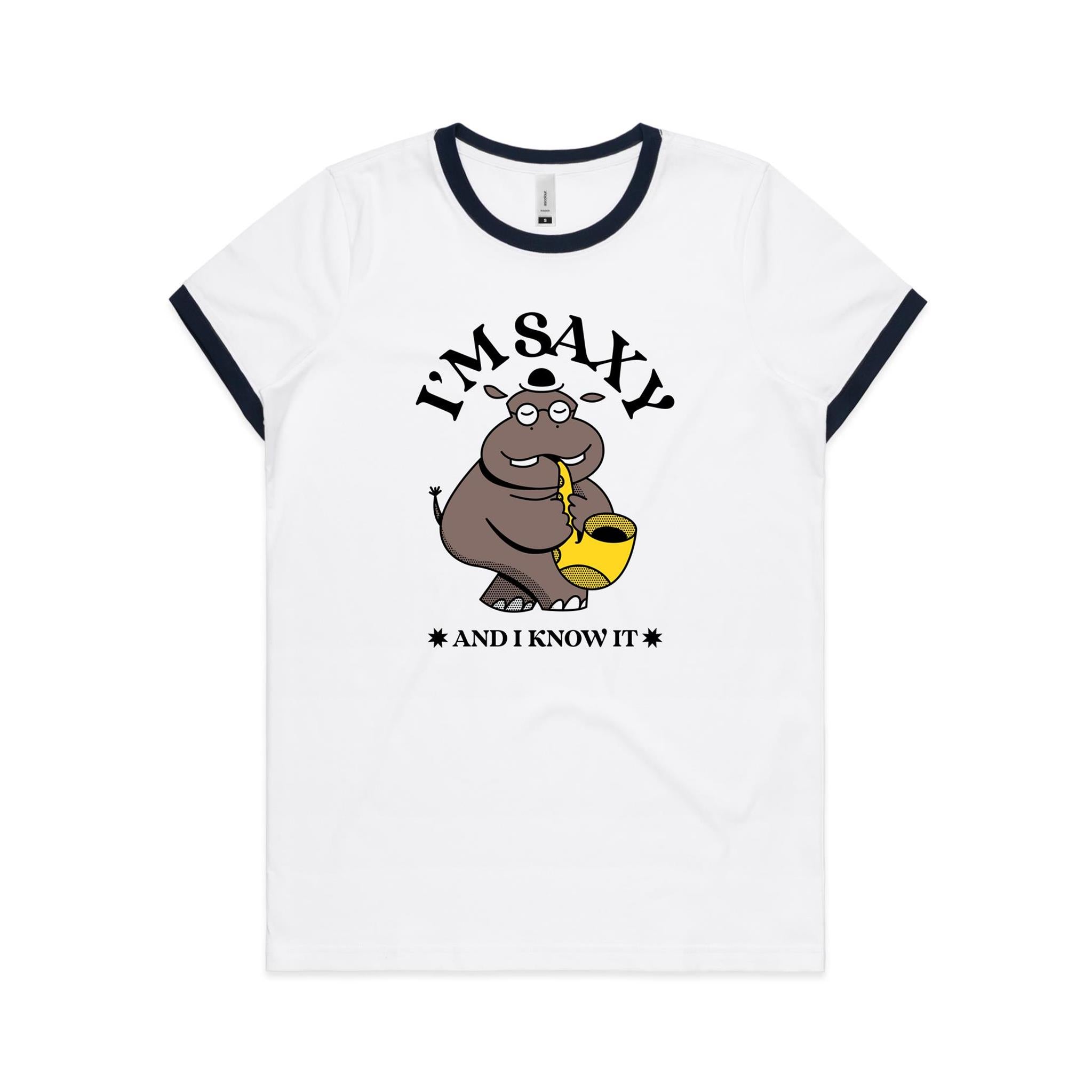 I'm Saxy And I Know It, Hippo Trumpet Player - Women's Ringer Tee White Navy Womens Ringer T-shirt animal Music Printed In Australia