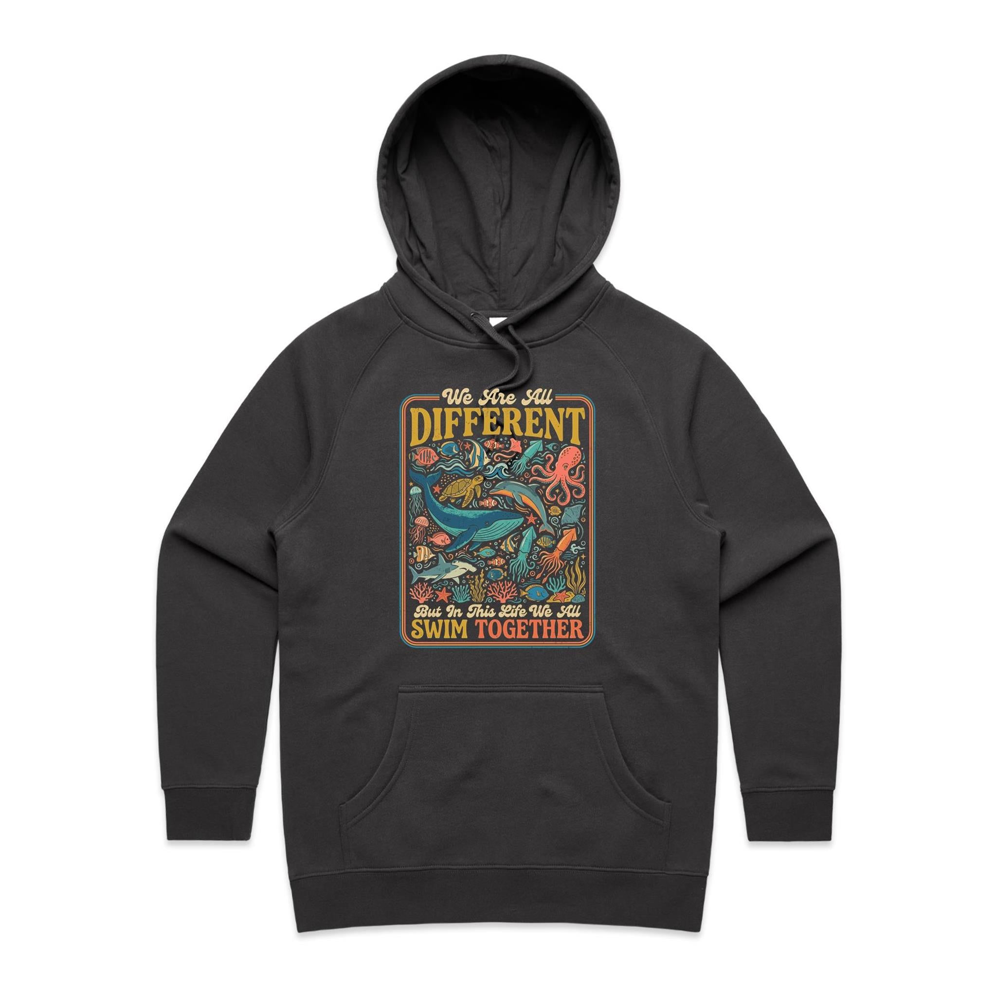 We Are All Different, But We All Swim Together - Women's AS Colour Hoodie Coal Womens Hoodie animal Ocean Positivity Printed In Australia