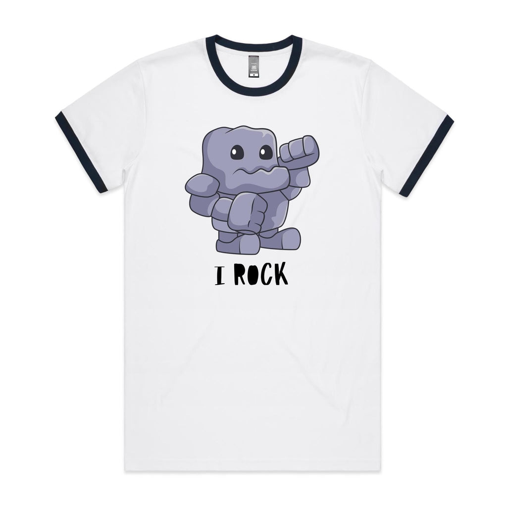 I Rock - Staple Ringer Tee White Navy Ringer T-Shirt Music Printed In Australia