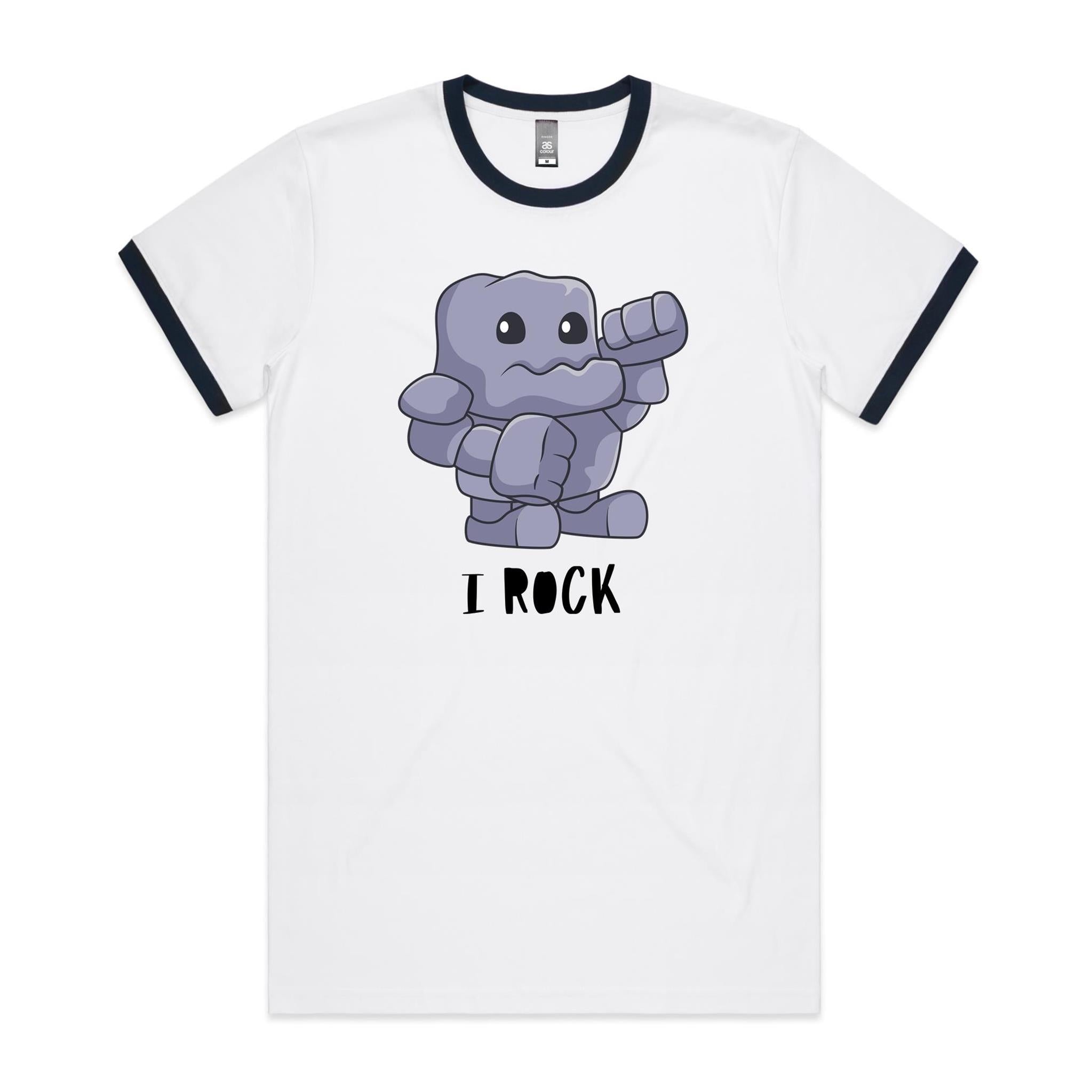 I Rock - Staple Ringer Tee White Navy Ringer T-Shirt Music Printed In Australia