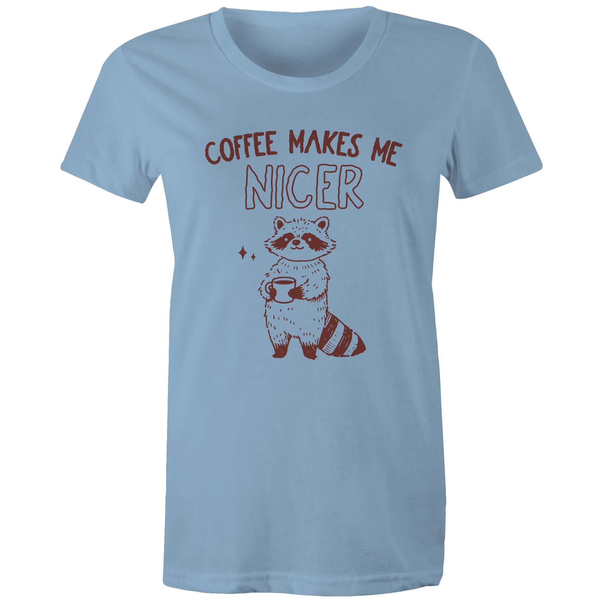 Coffee Makes Me Nicer - Womens T-shirt Carolina Blue Womens T-shirt animal Coffee Printed In Australia