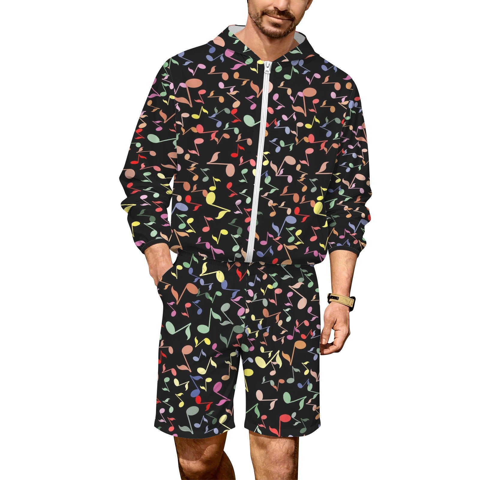 Quavers, Music Notes Men's Lightweight Sun Hoodie & Shorts Set 4XL Men's Lightweight Sun Hoodie & Shorts Music Printed Offshore