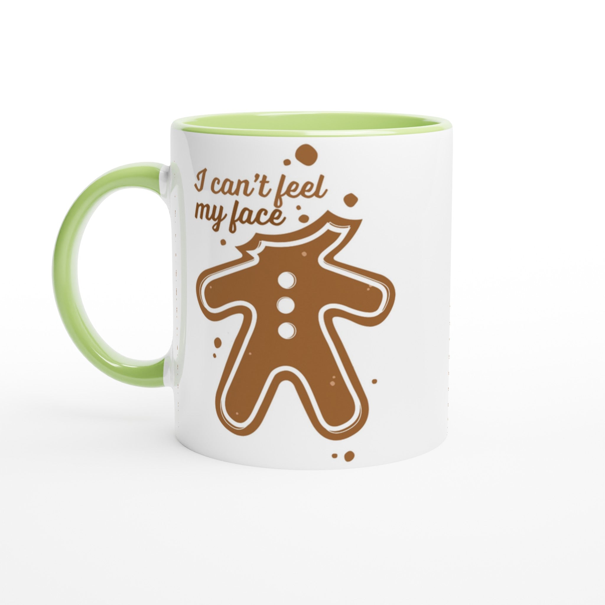 Gingerbread Man, I Can't Feel My Face - White 11oz Ceramic Mug with Colour Inside Ceramic Green Christmas Colour Mug Christmas Globally Fulfilled