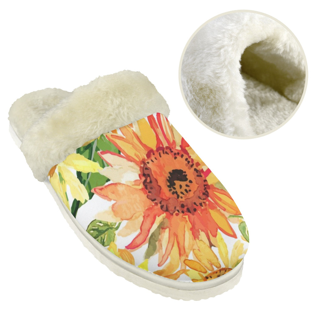 Watercolour Sunflower Women's Fur Trim Thick-Sole Indoor Slippers Women's Fur Trimmed Slippers Plants Printed Offshore
