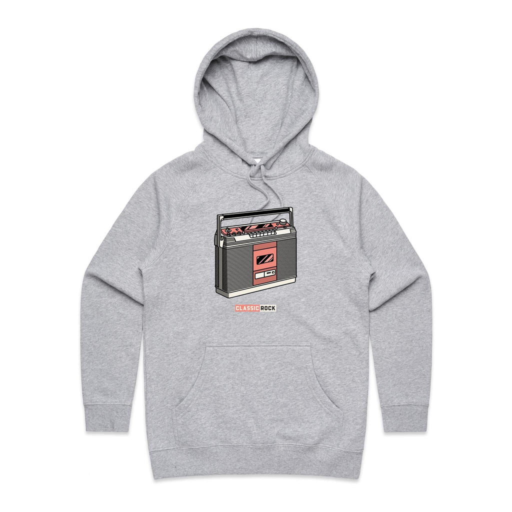 Classic Rock, Cassette Player - Womens Hoodie Grey Marle Womens Hoodie Music Printed In Australia