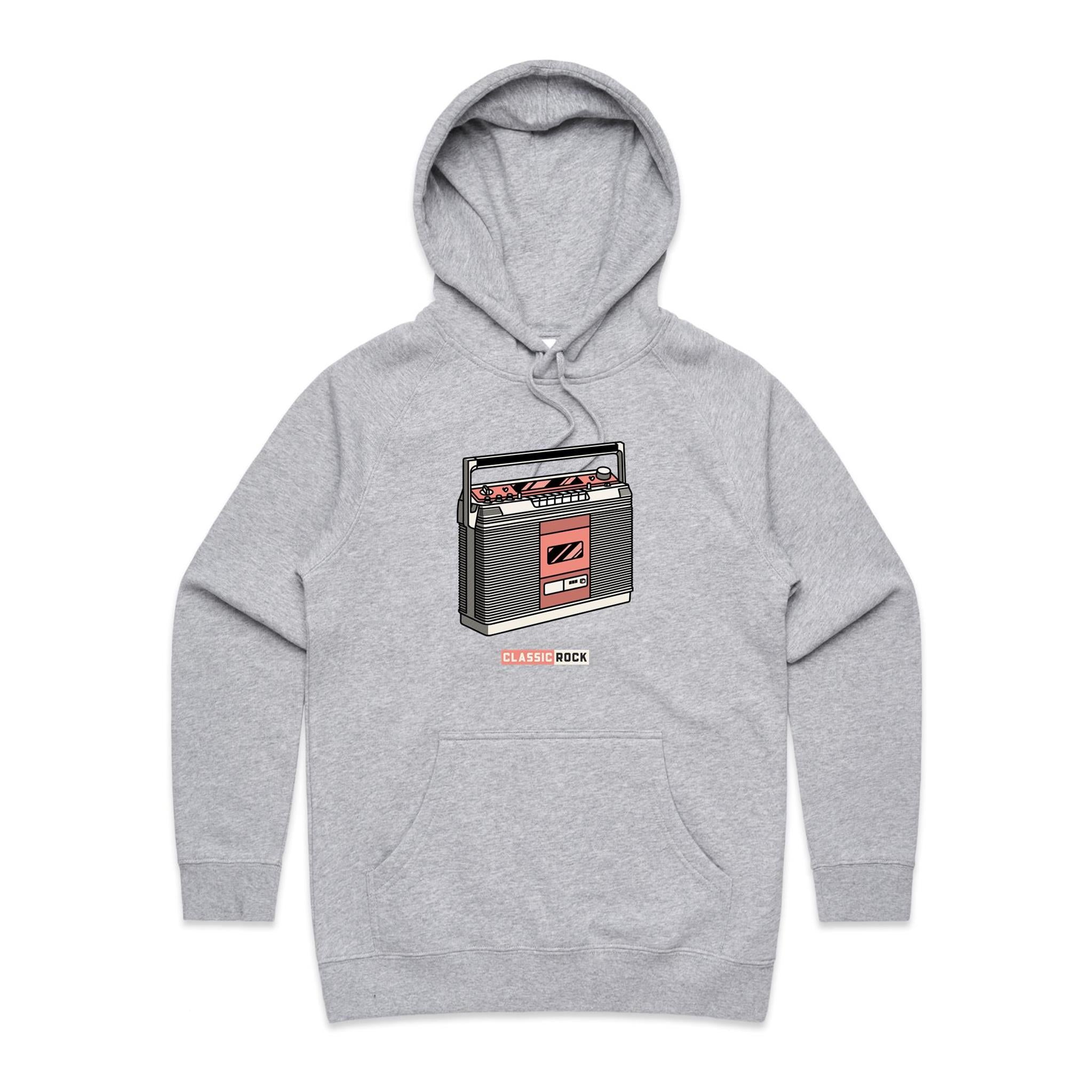 Classic Rock, Cassette Player - Womens Hoodie Grey Marle Womens Hoodie Music Printed In Australia
