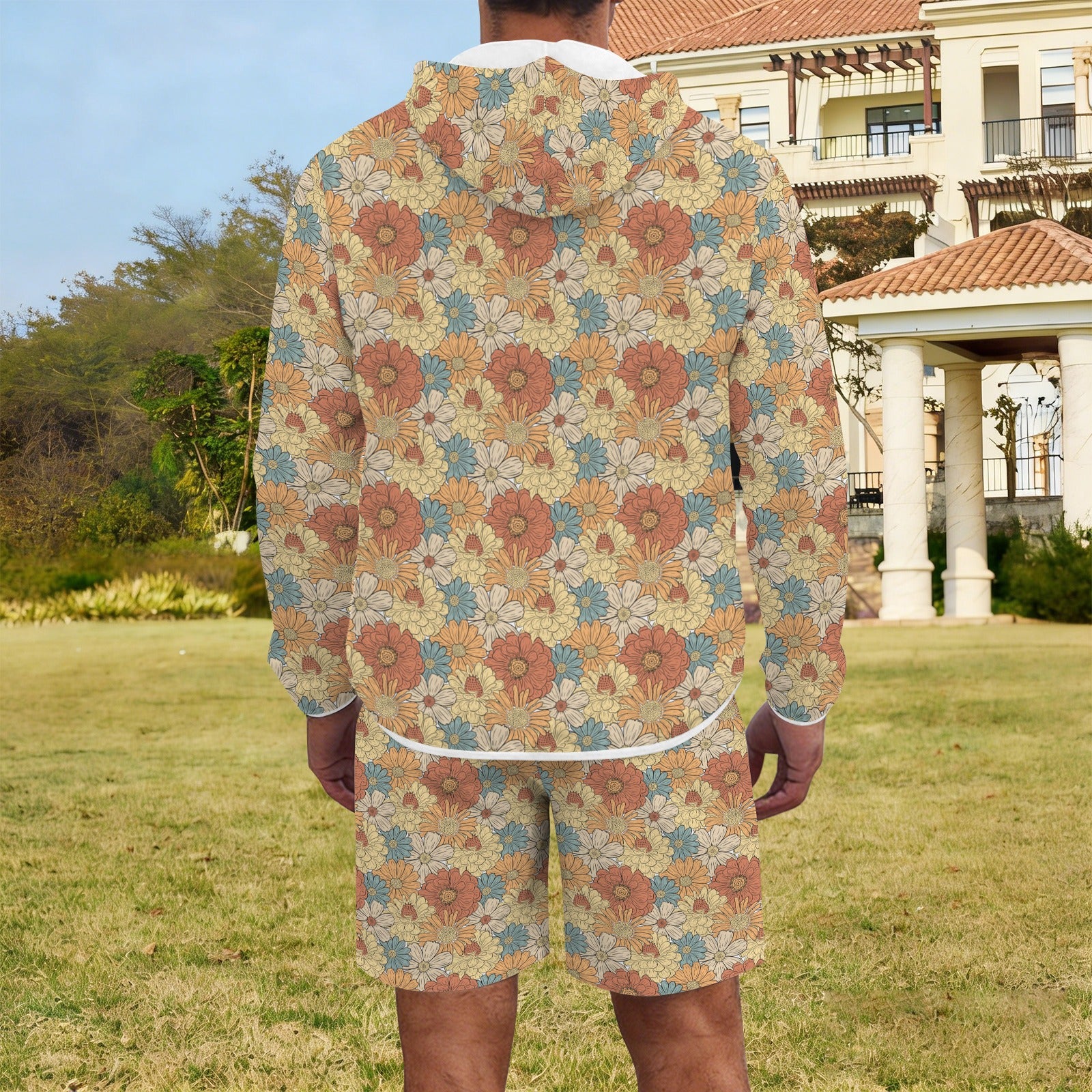 Vintage Retro Floral Men's Lightweight Sun Hoodie & Shorts Set Men's Lightweight Sun Hoodie & Shorts Plants Printed Offshore