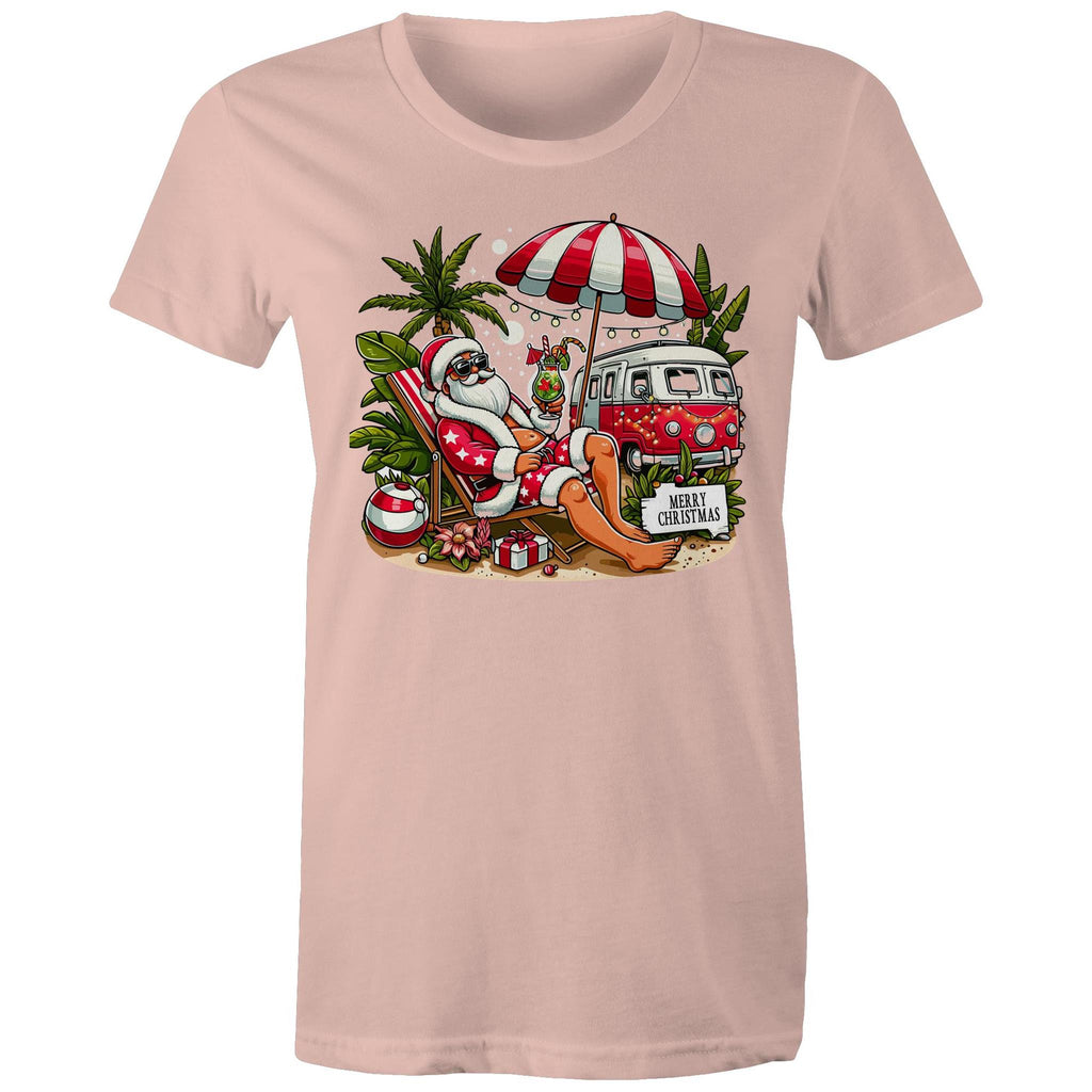 Santa By The Beach - Womens T-shirt Pale Pink Womens Christmas T-shirt Christmas Printed In Australia