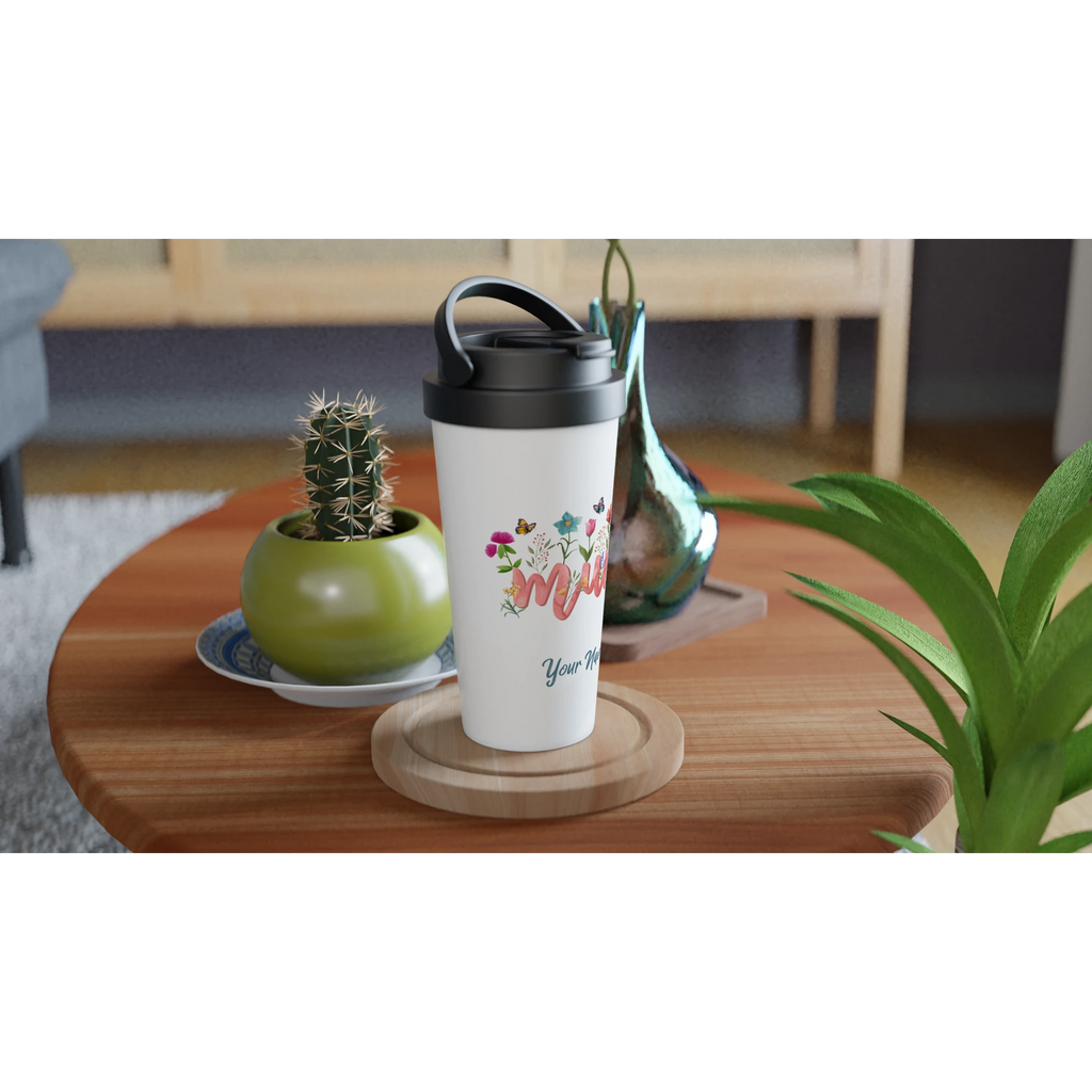 Personalised Mum With Flowers And Butterflies White 15oz Stainless Steel Travel Mug Personalised Travel Mug Globally Fulfilled Mum