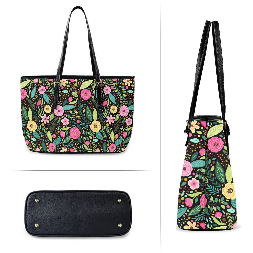 Bright Floral And Leaves PU Leather Tote Bag Large