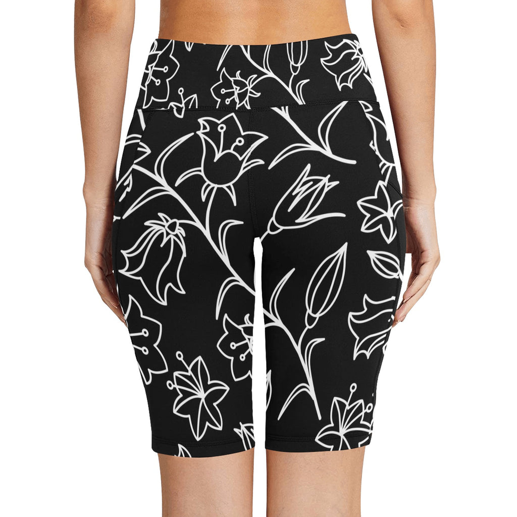 Black And White Floral Women's Bike Shorts With Side Pockets Women's Bike Shorts Plants Printed Offshore