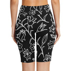Black And White Floral Women's Bike Shorts With Side Pockets Women's Bike Shorts Plants Printed Offshore