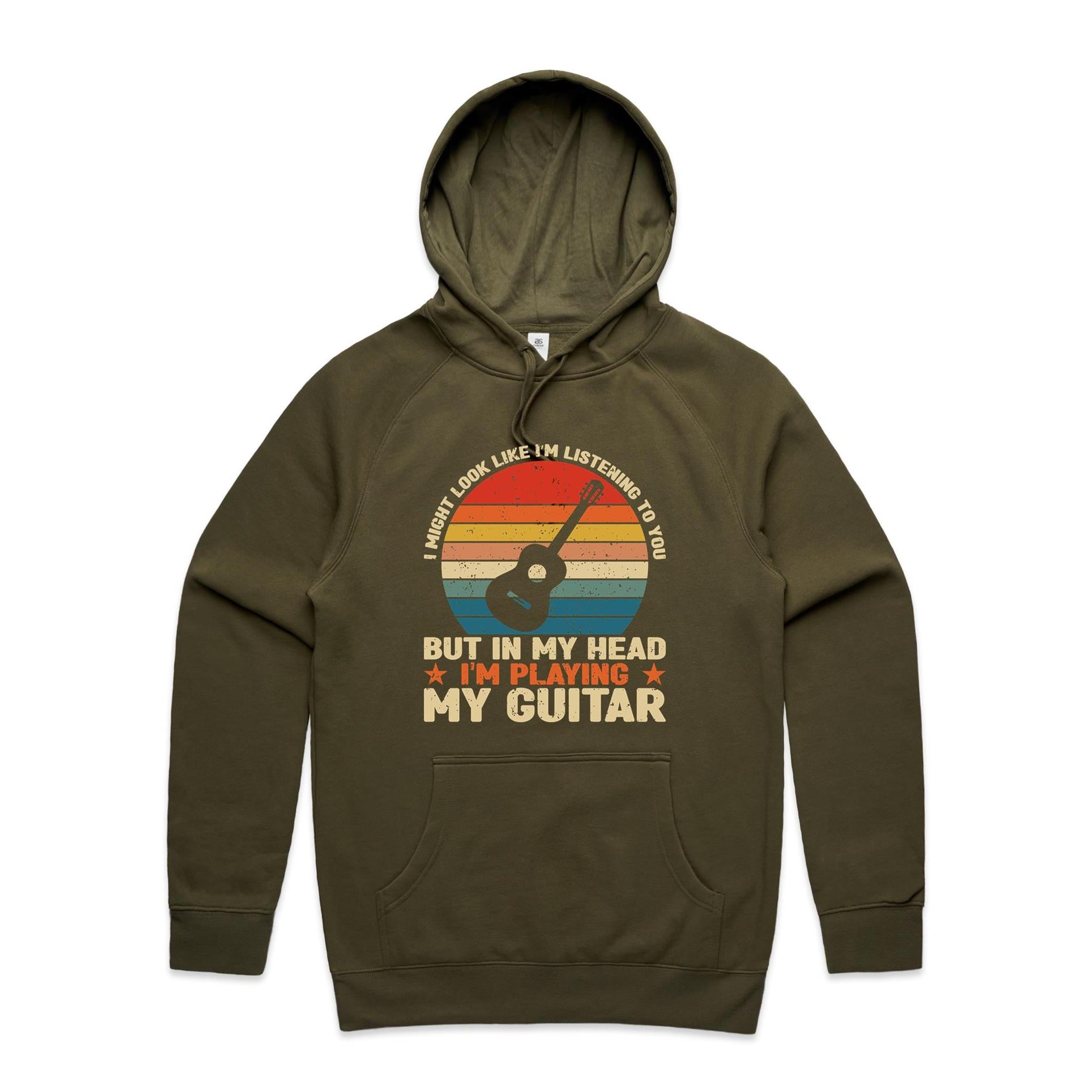 In My Head I'm Playing My Guitar - Mens Hoodie Army Mens Hoodie Music Printed In Australia
