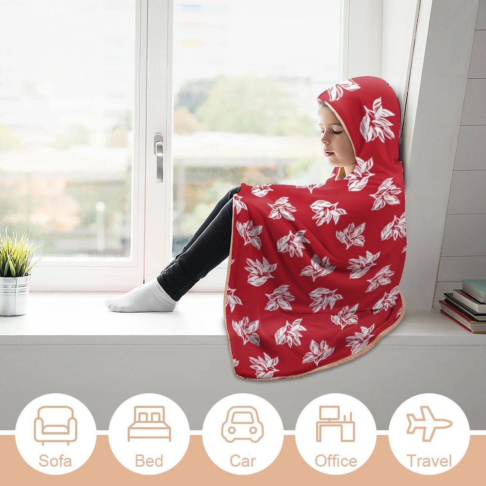 Retro Red Hawaiian Foliage Kids Hooded Blanket 100cm x 130cm Kids Hooded Blanket Plants Printed Offshore Surf