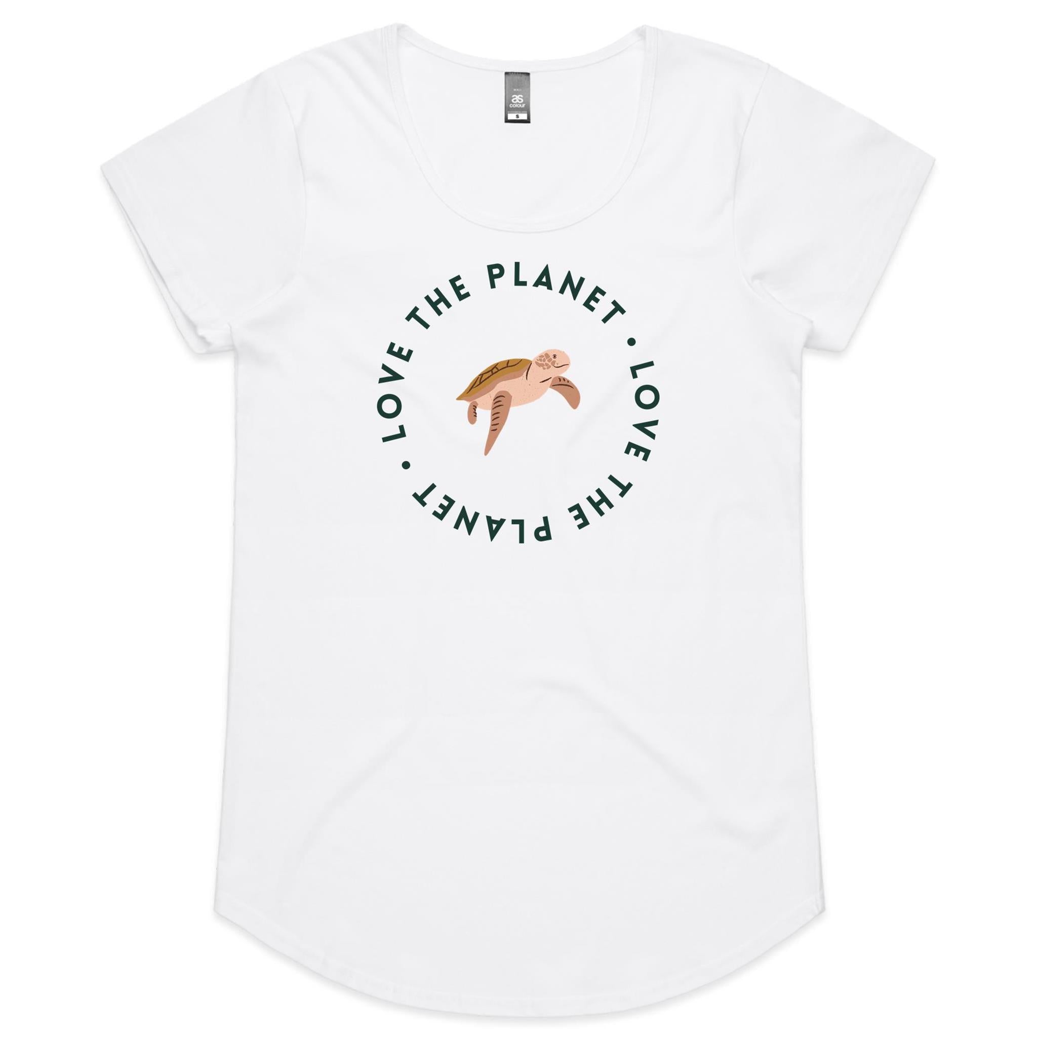 Love The Planet, Turtle - Womens Scoop Neck T-Shirt White Womens Scoop Neck T-shirt animal Environment Printed In Australia