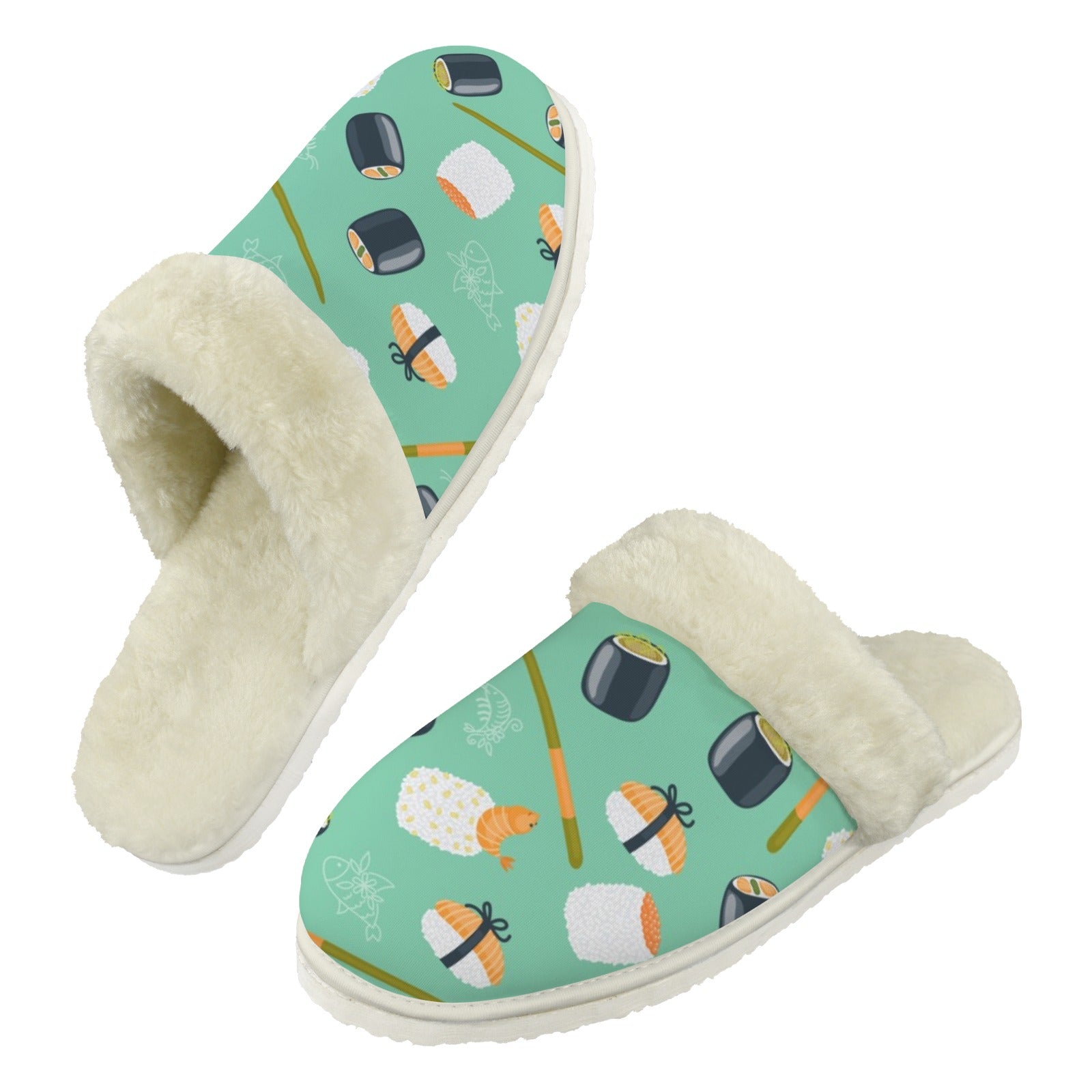 Sushi Men's Fur Trim Thick-Sole Indoor Slippers 2XL Men's Fur Trimmed Slippers Food Printed Offshore
