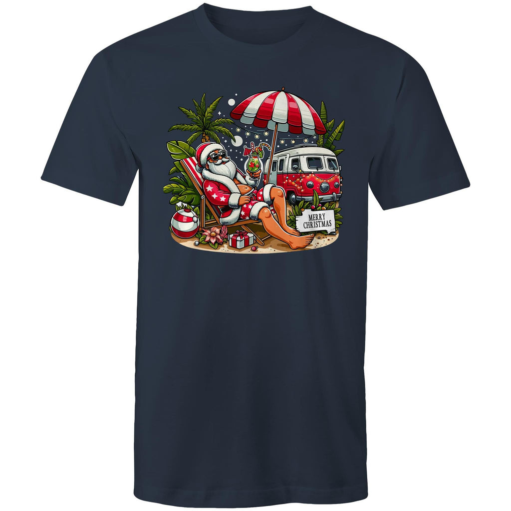 Santa By The Beach - Mens T-Shirt Navy Mens Christmas T-shirt Christmas Printed In Australia